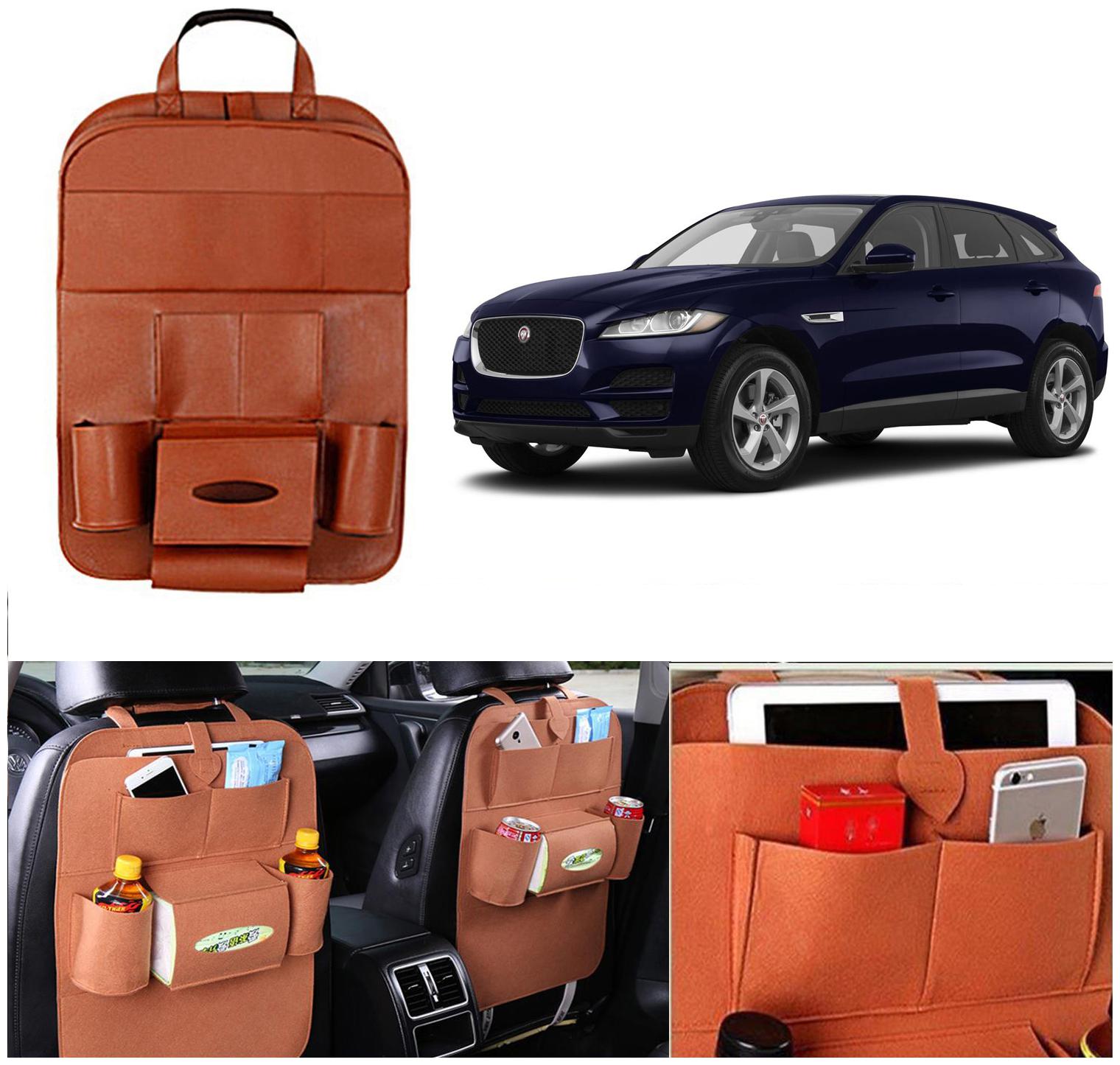 

Oshotto Car Backseat Storage Organizer Phone Holder Multi-Pocket for Bottles Tissue Boxes Kids Toy Storage and Great Travel Accessory Compatible with Jaguar F Pace (Tan)