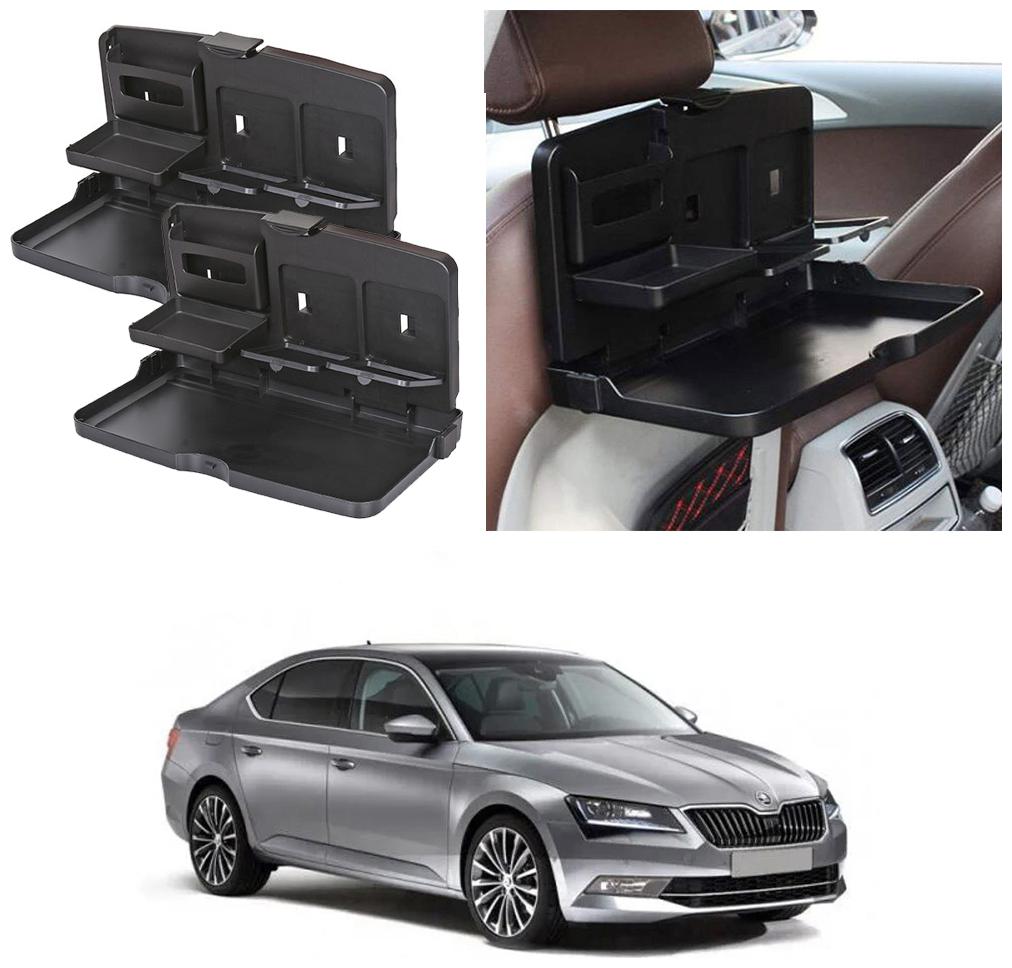 

Oshotto Car Backseat Food Travel Dining Meal Snaks Tray Cup Holder Compatible with Skoda Superb (Black) - Set of 2