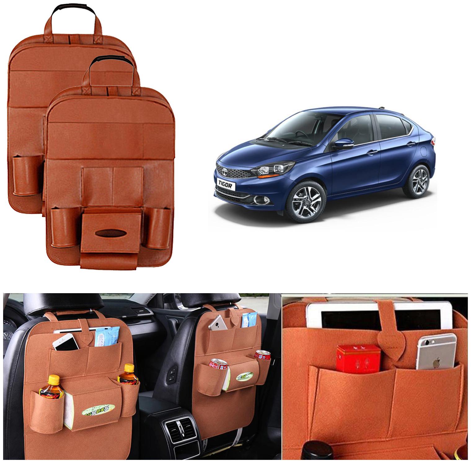 

Oshotto Car Backseat Storage Organizer Multi-Pocket for Bottles Tissue Boxes Kids Toy Storage and Great Travel Accessory Compatible with Tata Tigor (Set of 2) - Tan