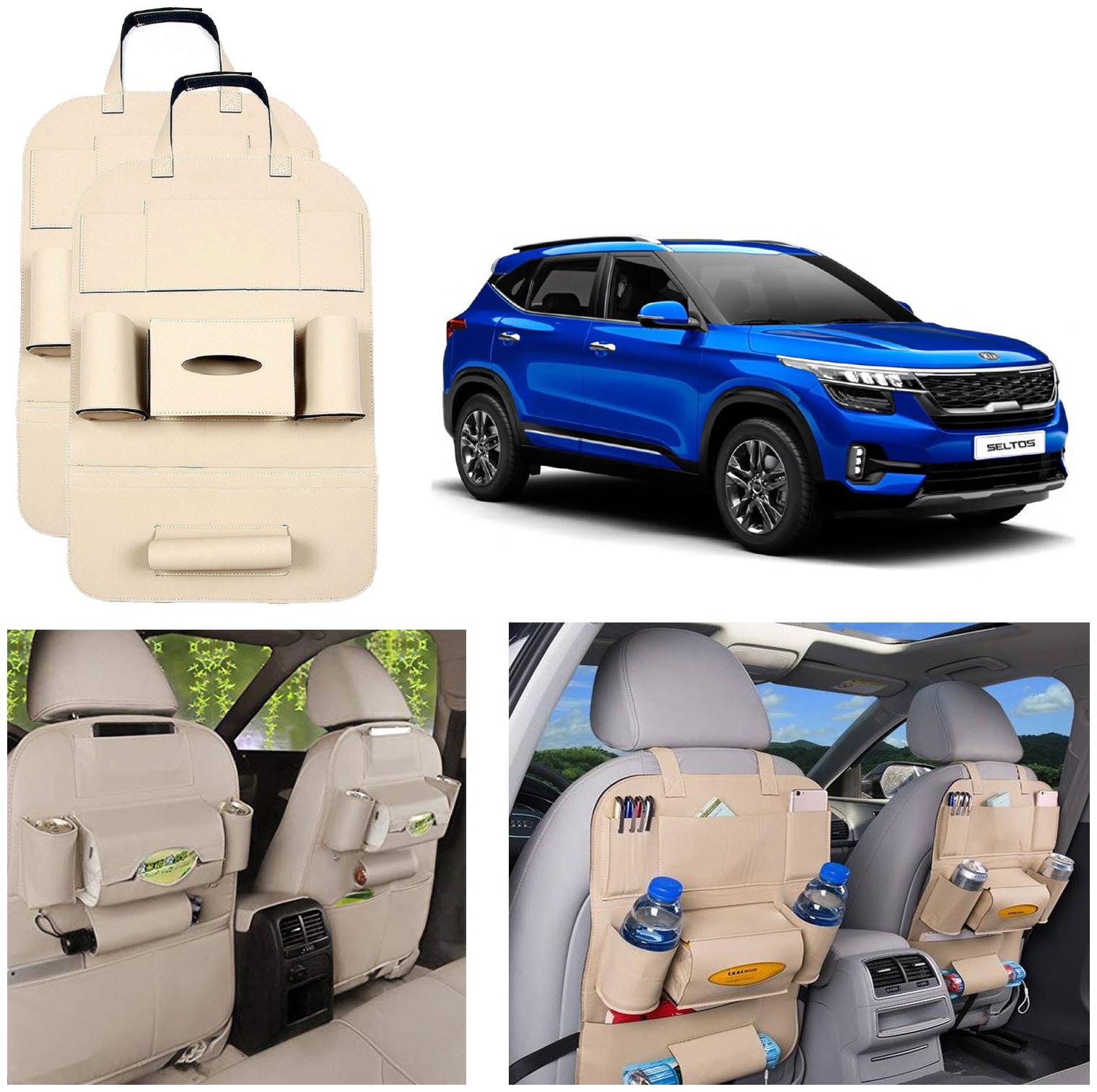 

Oshotto Car Backseat Storage Organizer Phone Holder MultiPocket for Bottles Tissue Boxes Kids Toy Storage and Great Travel Accessory Compatible with Kia Seltos (Set of 2) Beige