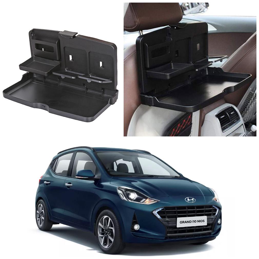 

Oshotto Car Backseat Food Travel Dining Meal Snaks Tray Cup Holder Compatible with Hyundai i10 Grand Nios (Black) - 1 pc