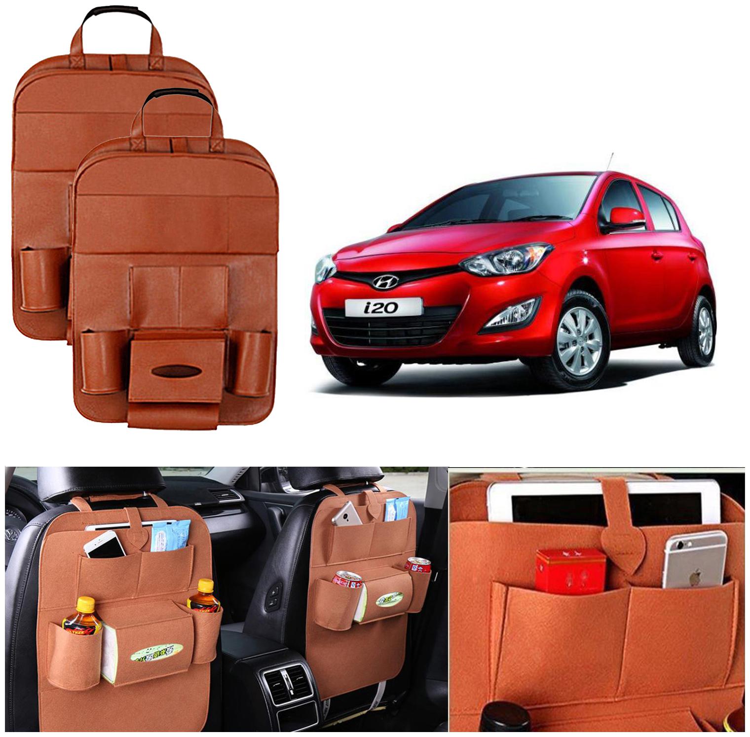 

Oshotto Car Backseat Storage Organizer Phone Her Multi-Pocket for Bottles Tissue Boxes Kids Toy Storage and Great Travel Accessory Compatible with Hyundai i20 (2008-2012) (Set of 2) - Tan
