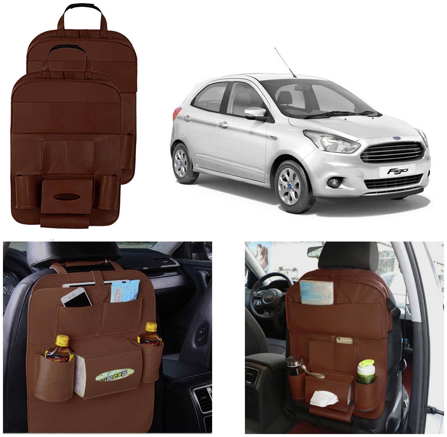 

Oshotto Car Backseat Storage Organizer Phone Holder Multi-Pocket for Bottles Tissue Boxes Kids Toy Storage and Great Travel Accessory Compatible with Ford Figo (Set of 2) - Brown