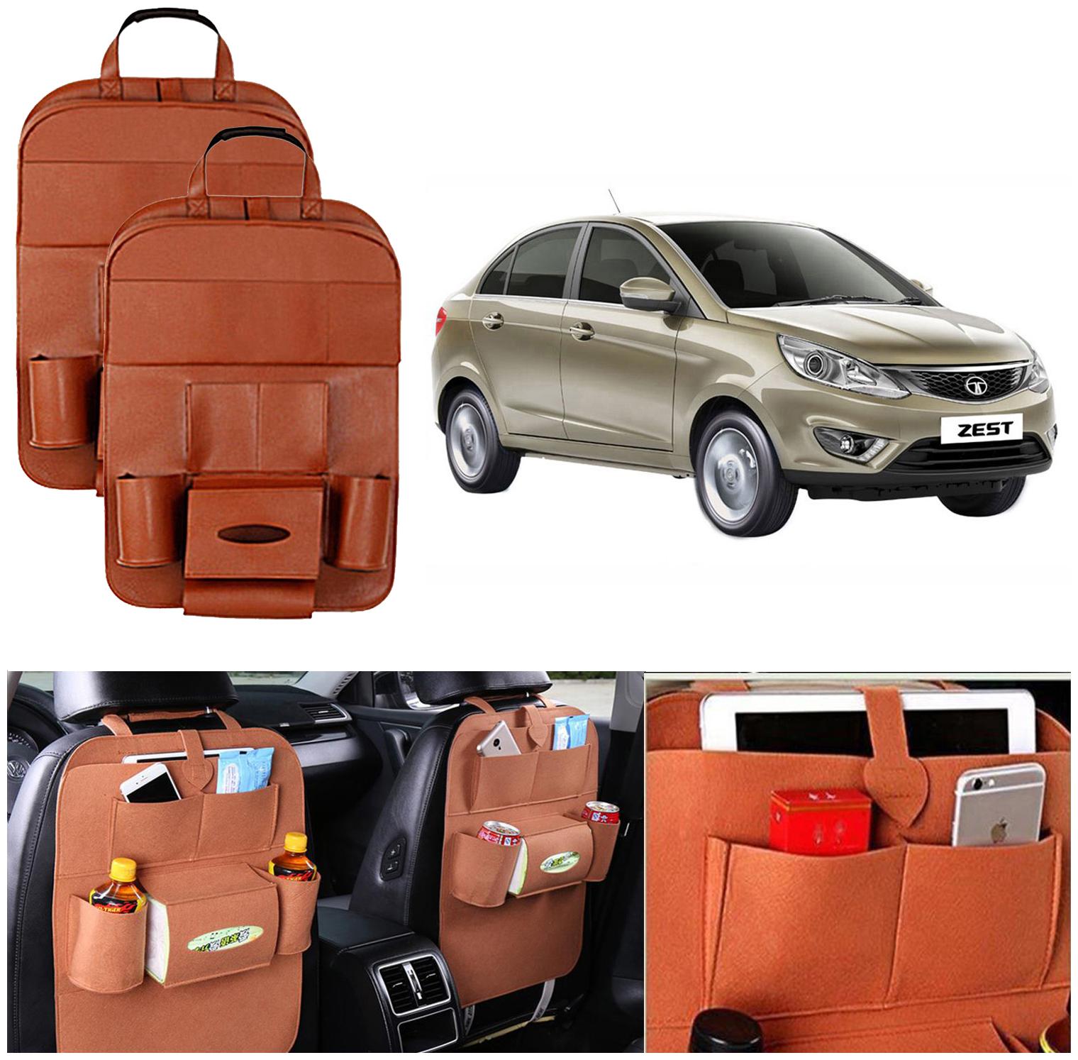 

Oshotto Car Backseat Storage Organizer Multi-Pocket for Bottles Tissue Boxes Kids Toy Storage and Great Travel Accessory Compatible with Tata Zest (Set of 2) - Tan