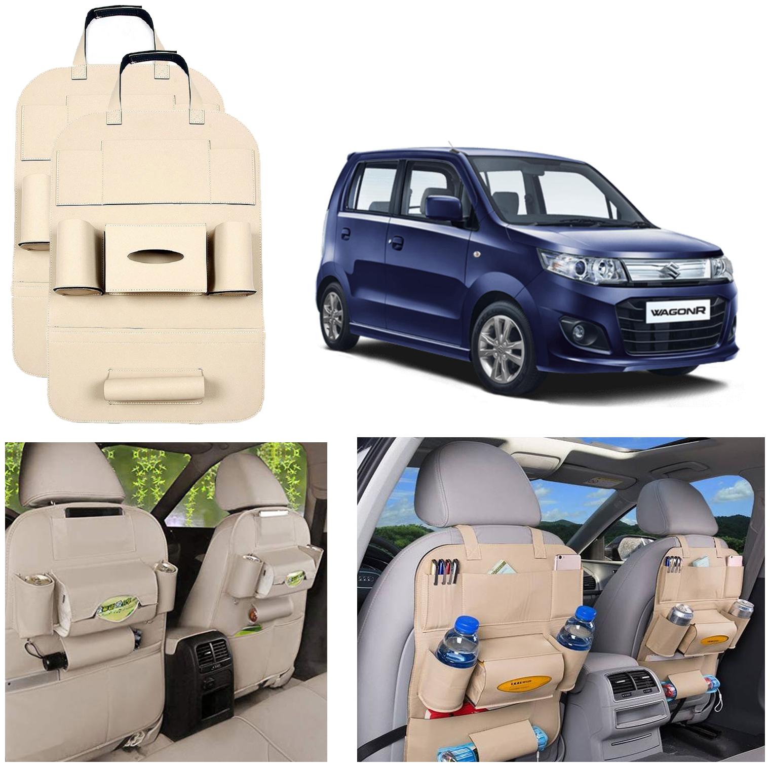 

Oshotto Car Backseat Storage Organizer MultiPocket for Bottles Tissue Boxes Kids Toy Storage and Great Travel Accessory Compatible with Maruti Suzuki Wagon R 2010 Onwards (Set of 2) Beige