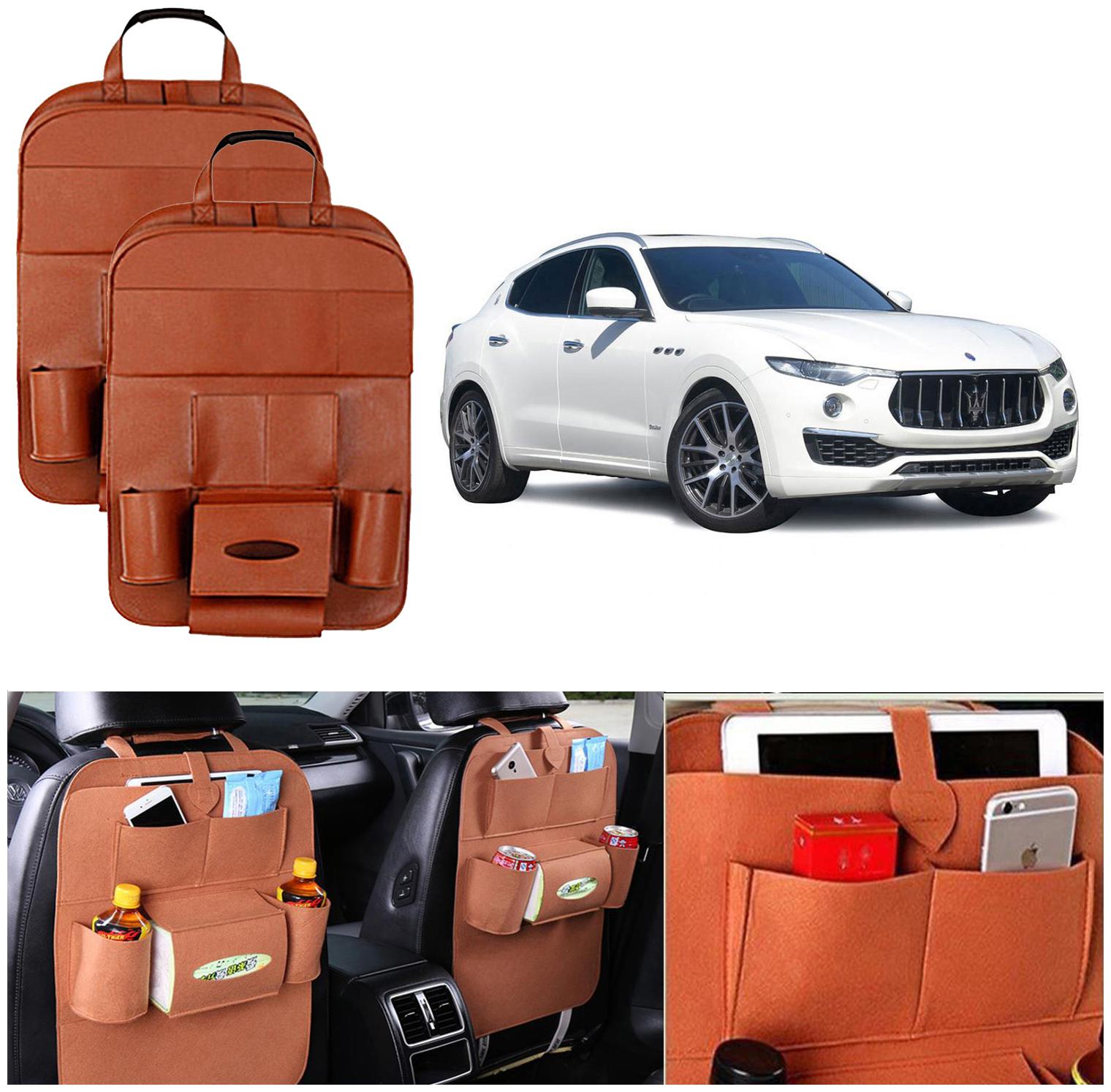 

Oshotto Car Backseat Storage Organizer Multi-Pocket for Bottles Tissue Boxes Kids Toy Storage and Great Travel Accessory Compatible with Maserati Levante (Set of 2) - Tan