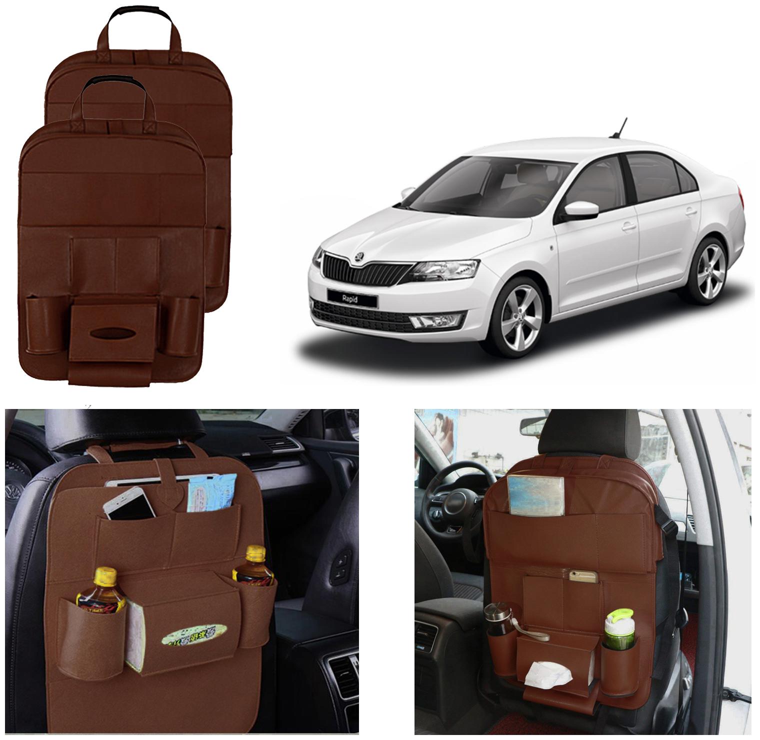 

Oshotto Car Backseat Storage Organizer Phone Holder Multi-Pocket for Bottles Tissue Boxes Kids Toy Storage and Great Travel Accessory Compatible with Skoda Rapid (Set of 2) - Brown