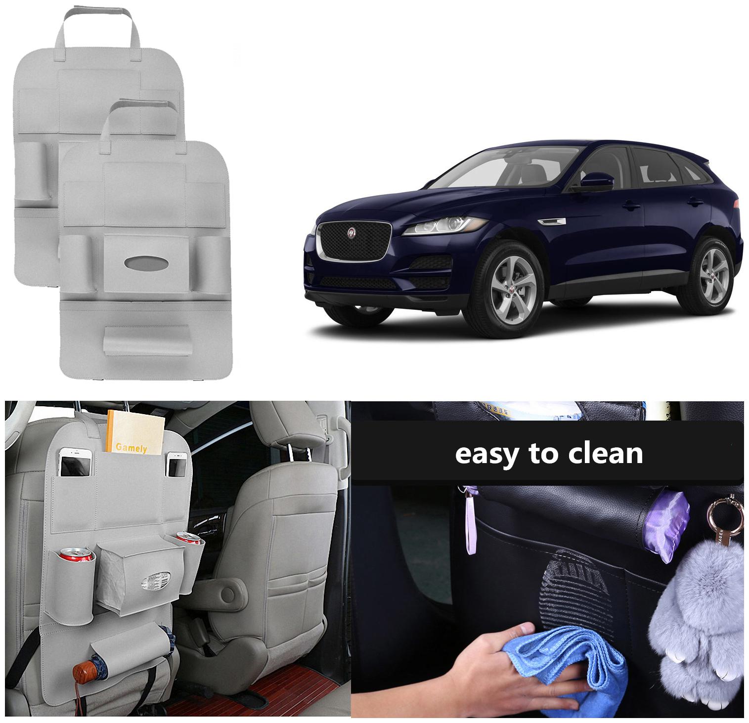 

Oshotto Car Backseat Storage Organizer Phone Holder MultiPocket for Bottles Tissue Boxes Kids Toy Storage and Great Travel Accessory Compatible with Jaguar F Pace (Set of 2) Grey