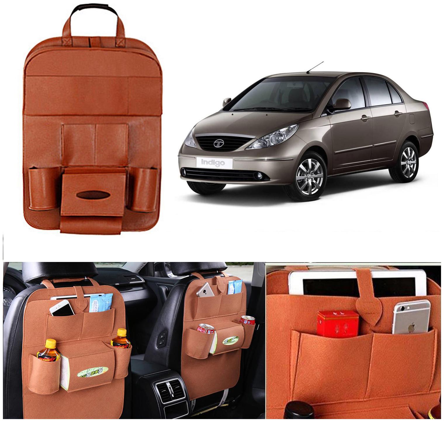 

Oshotto Car Backseat Storage Organizer Phone Holder Multi-Pocket for Bottles Tissue Boxes Kids Toy Storage and Great Travel Accessory Compatible with Tata Indigo (Tan)