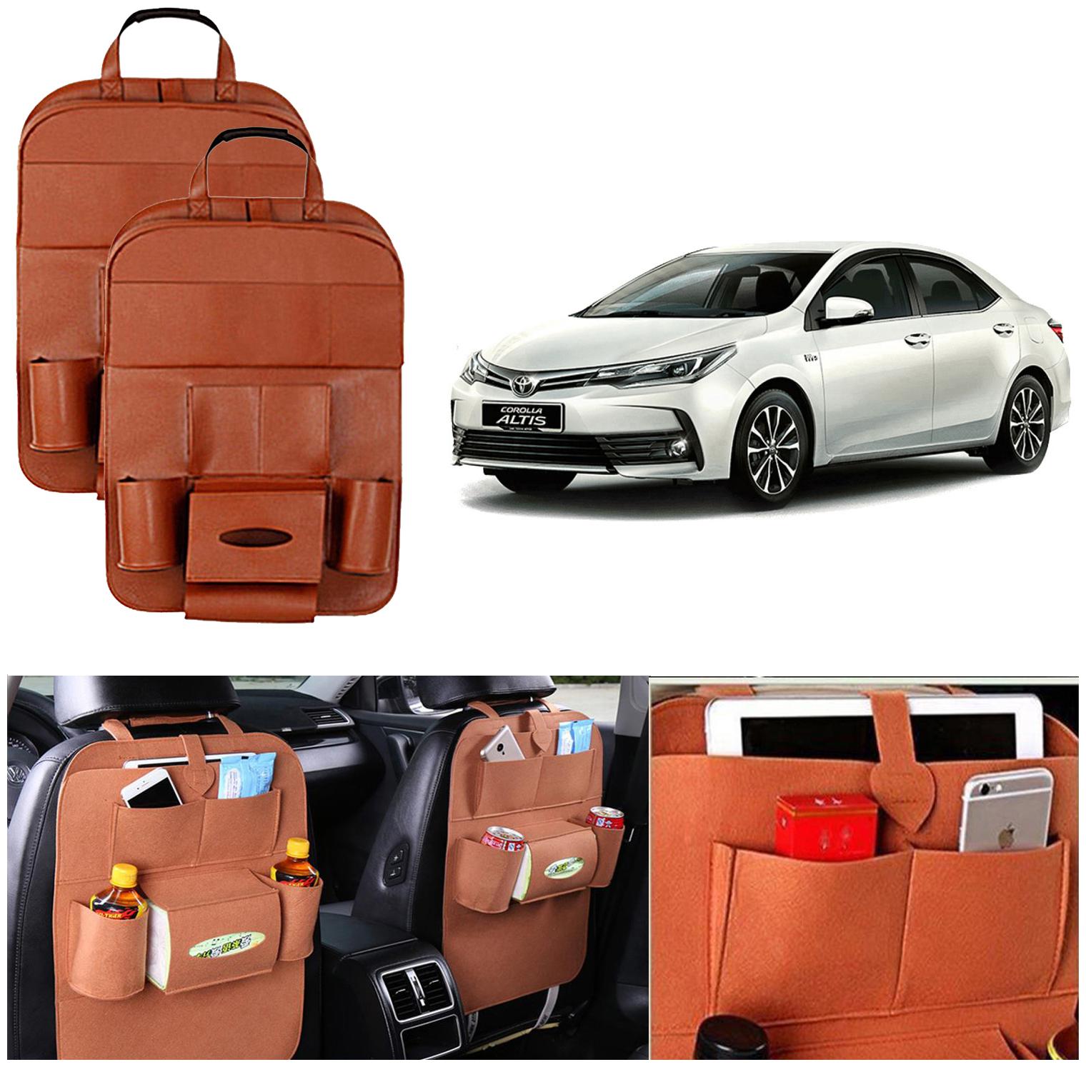 

Oshotto Car Backseat Storage Organizer Multi-Pocket for Bottles Tissue Boxes Kids Toy Storage and Great Travel Accessory Compatible with Toyota Corolla Altis (Set of 2) - Tan