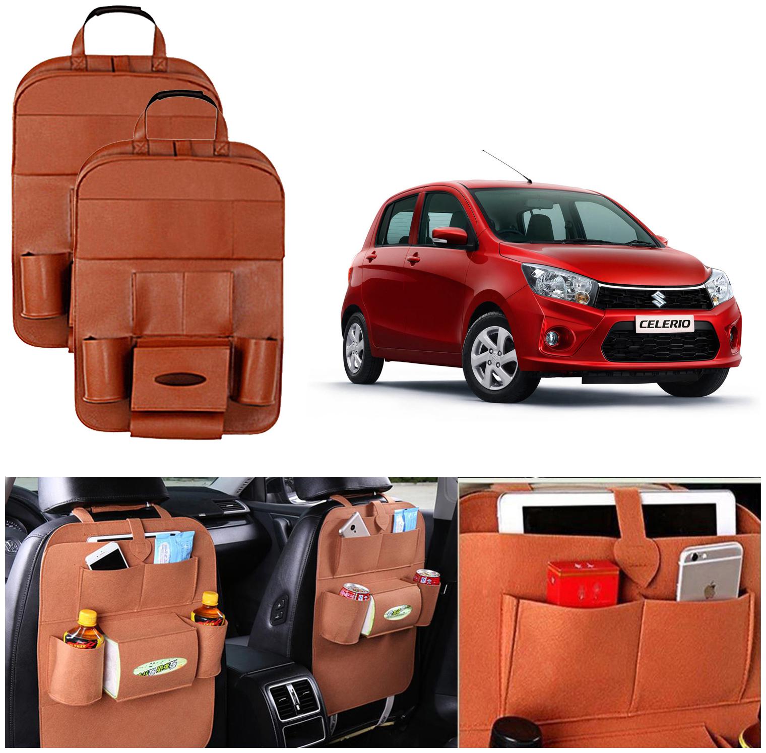 

Oshotto Car Backseat Storage Organizer Multi-Pocket for Bottles Tissue Boxes Kids Toy Storage and Great Travel Accessory Compatible with Maruti Suzuki Celerio Celerio X (Set of 2) - Tan