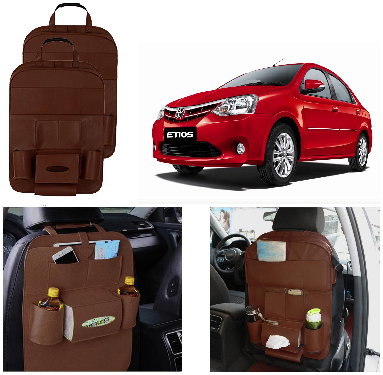 

Oshotto Car Backseat Storage Organizer Phone Holder Multi-Pocket for Bottles Tissue Boxes Kids Toy Storage and Great Travel Accessory Compatible with Toyota Etios (Set of 2) - Brown