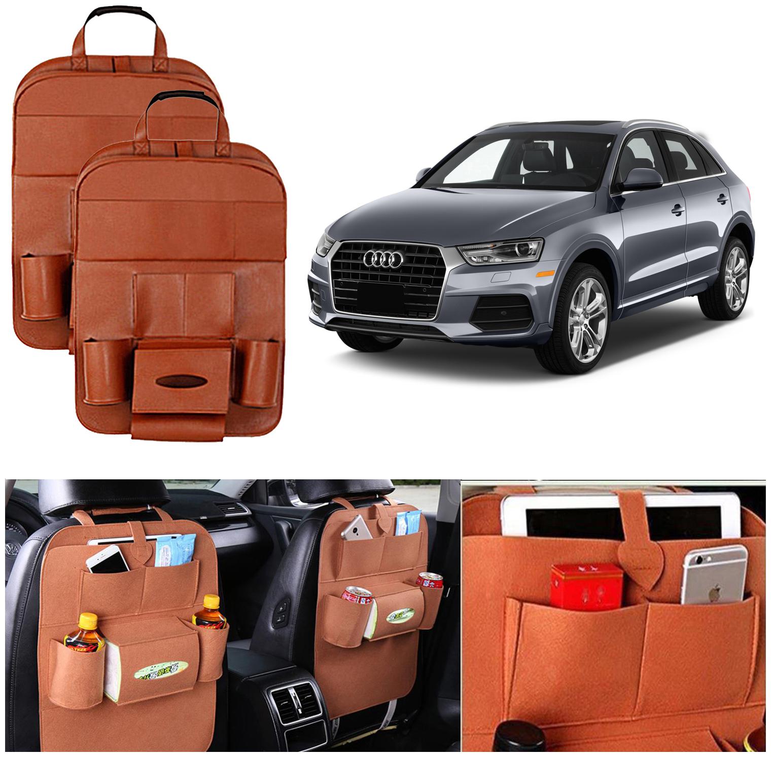 

Oshotto Car Backseat Storage Organizer Multi-Pocket for Bottles Tissue Boxes Kids Toy Storage and Great Travel Accessory Compatible with Audi Q3 (Set of 2) - Tan