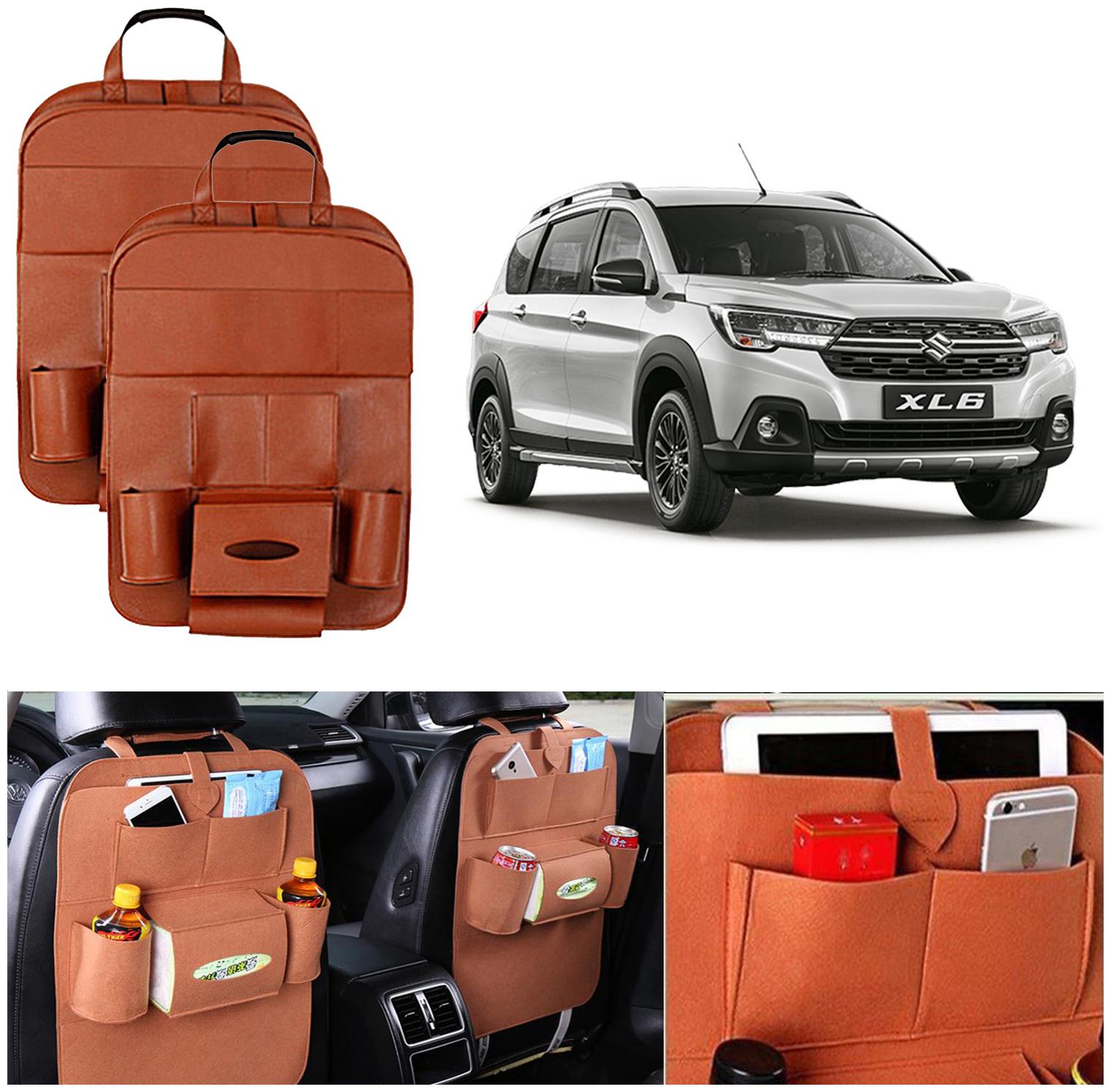

Oshotto Car Backseat Storage Organizer Multi-Pocket for Bottles Tissue Boxes Kids Toy Storage and Great Travel Accessory Compatible with Maruti Suzuki XL6 (Set of 2) - Tan