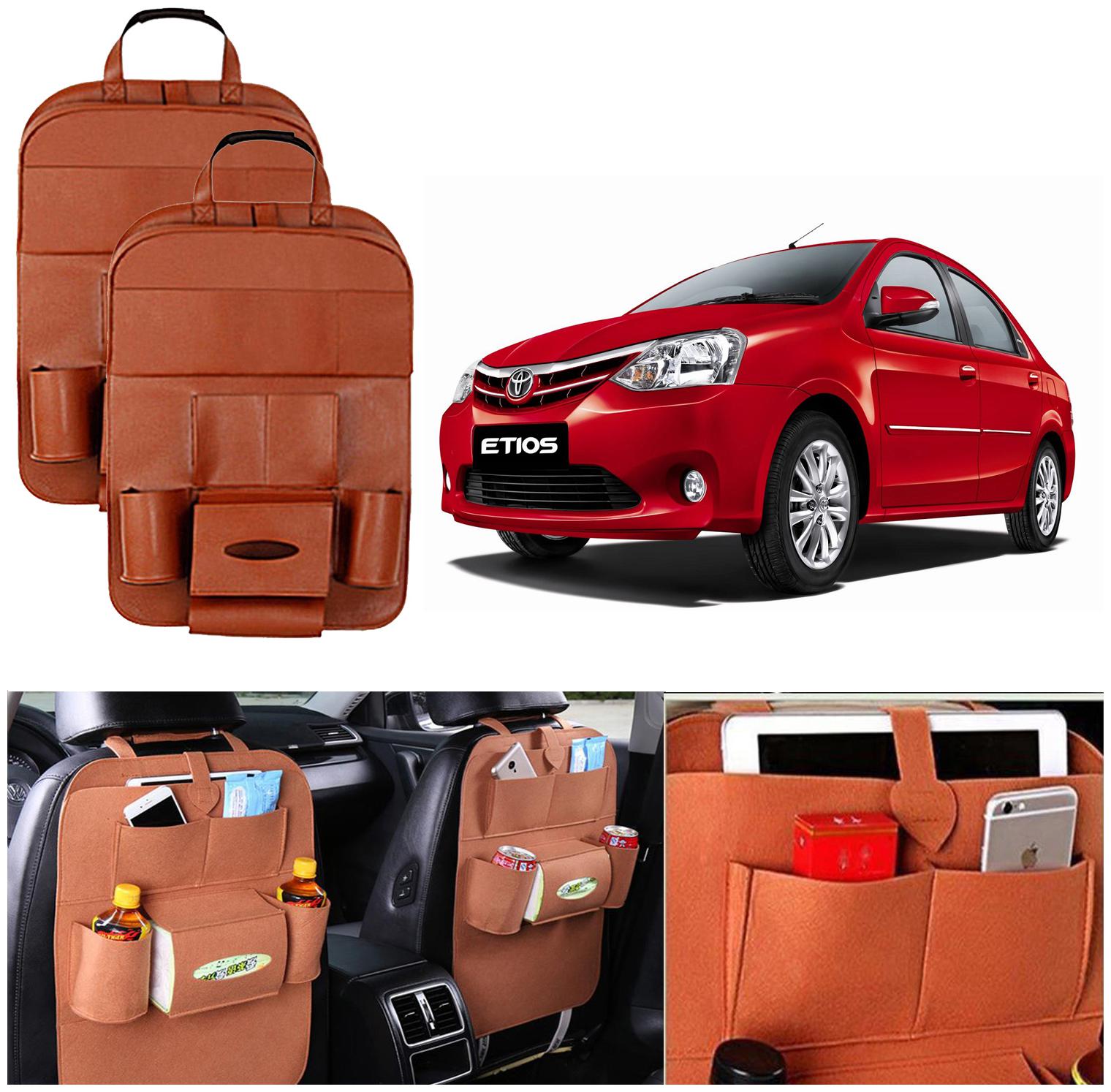 

Oshotto Car Backseat Storage Organizer Multi-Pocket for Bottles Tissue Boxes Kids Toy Storage and Great Travel Accessory Compatible with Toyota Etios (Set of 2) - Tan