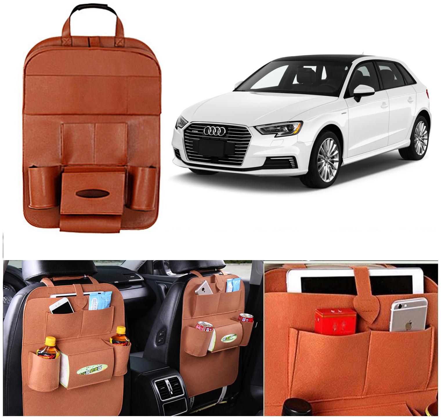 

Oshotto Car Backseat Storage Organizer Phone Holder Multi-Pocket for Bottles Tissue Boxes Kids Toy Storage and Great Travel Accessory Compatible with Audi A3 (Tan)