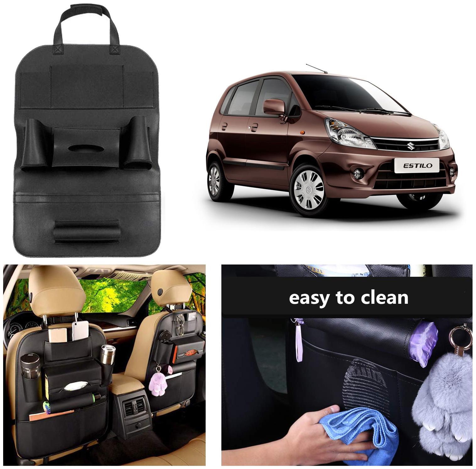 

Oshotto Car Backseat Storage Organizer Phone Holder Multi-Pocket for Bottles Tissue Boxes Kids Toy Storage and Great Travel Accessory Compatible with Maruti Suzuki Zen Estilo (Black)