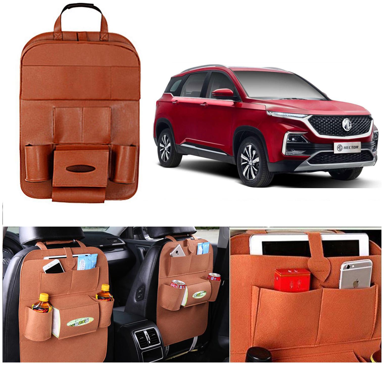 

Oshotto Car Backseat Storage Organizer Phone Holder Multi-Pocket for Bottles Tissue Boxes Kids Toy Storage and Great Travel Accessory Compatible with MG Hector (Tan)