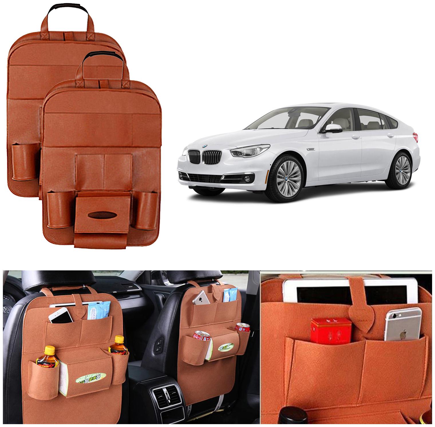 

Oshotto Car Backseat Storage Organizer Multi-Pocket for Bottles Tissue Boxes Kids Toy Storage and Great Travel Accessory Compatible with BMW 5GT (Set of 2) - Tan