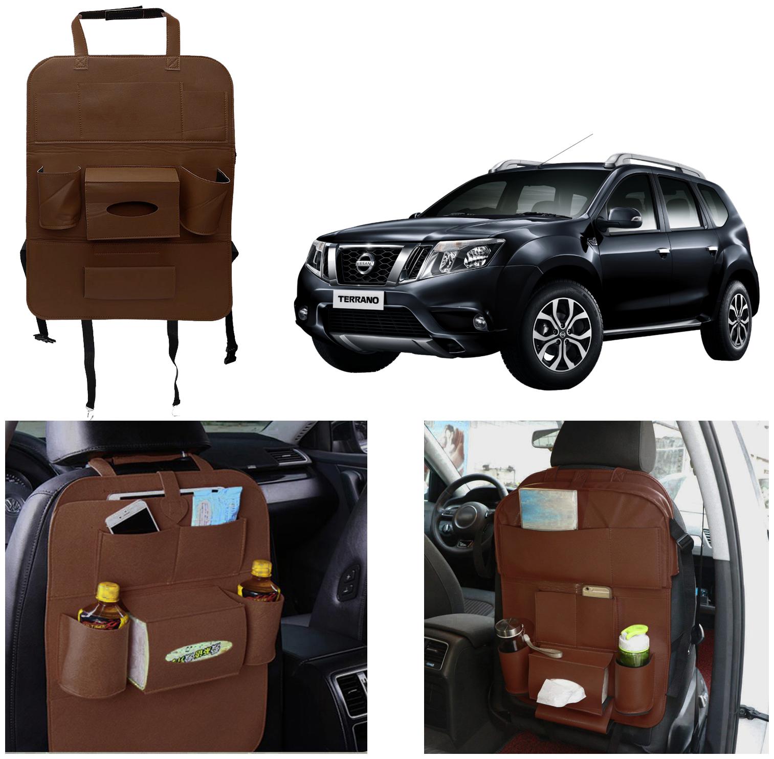 

Oshotto Car Backseat Storage Organizer Phone Holder Multi-Pocket for Bottles Tissue Boxes Kids Toy Storage and Great Travel Accessory Compatible with Nissan Terrano (Brown)