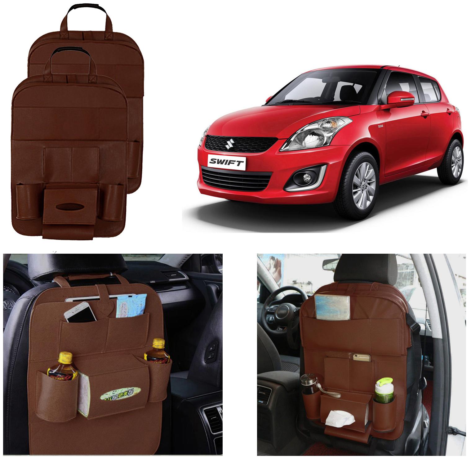 

Oshotto Car Backseat Storage Organizer Phone Holder Multi-Pocket for Bottles Tissue Boxes Kids Toy Storage and Great Travel Accessory Compatible with Maruti Suzuki Swift Old (Set of 2) - Brown