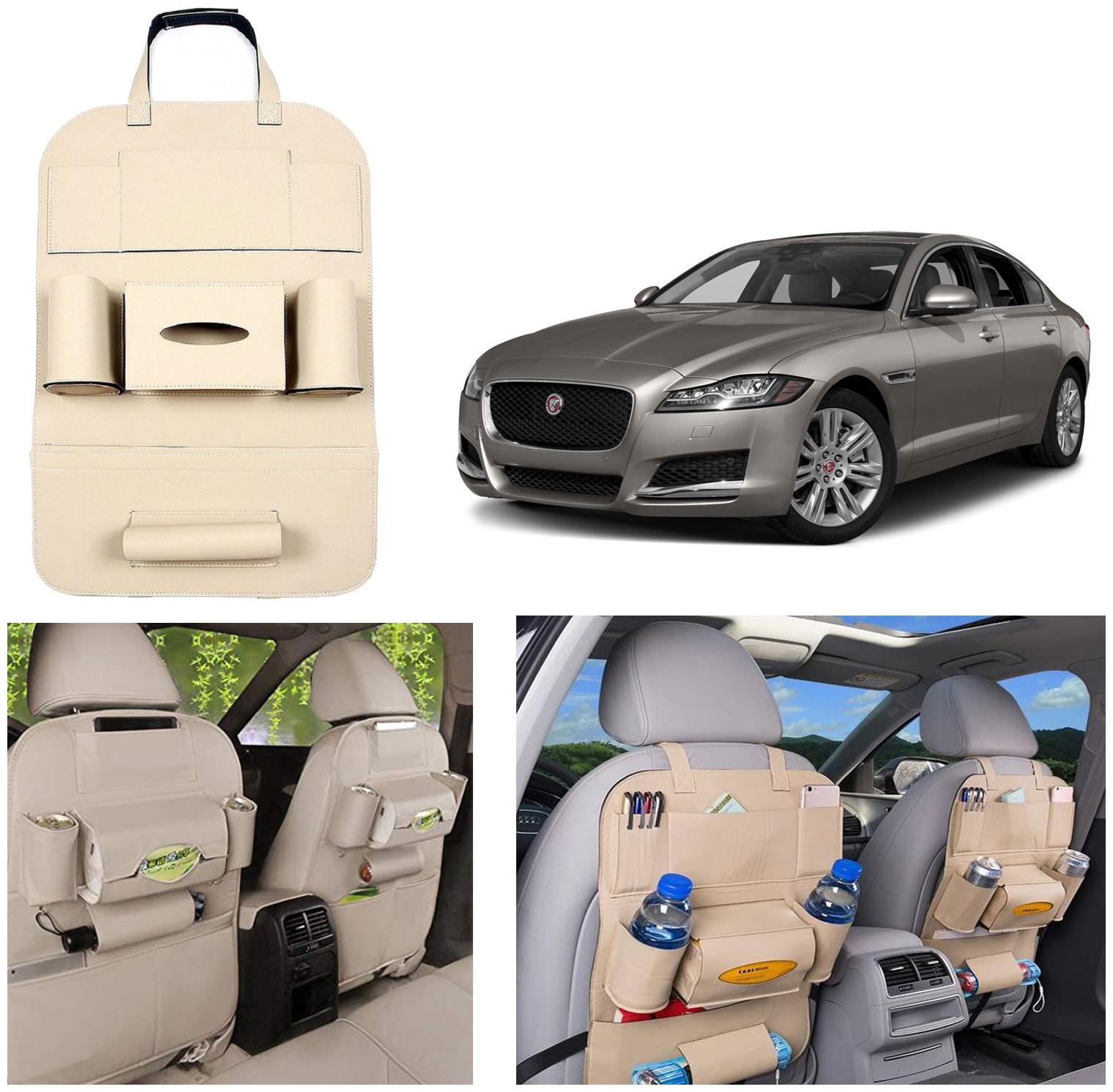 

Oshotto Car Backseat Storage Organizer Phone Holder Multi-Pocket for Bottles Tissue Boxes Kids Toy Storage and Great Travel Accessory Compatible with Jaguar XF XS (Beige)