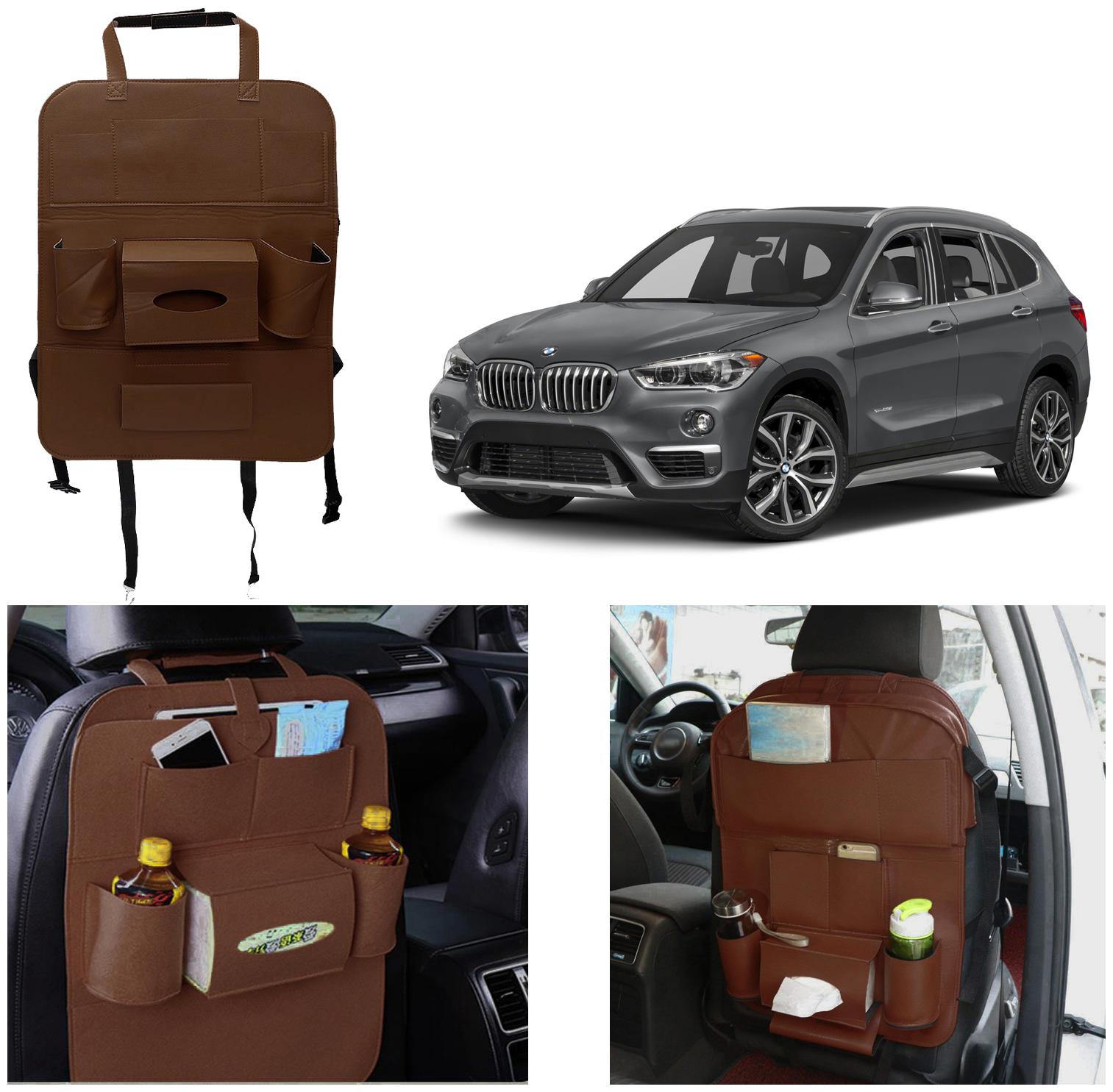 

Oshotto Car Backseat Storage Organizer Phone Holder Multi-Pocket for Bottles Tissue Boxes Kids Toy Storage and Great Travel Accessory Compatible with BMW X1 (Brown)
