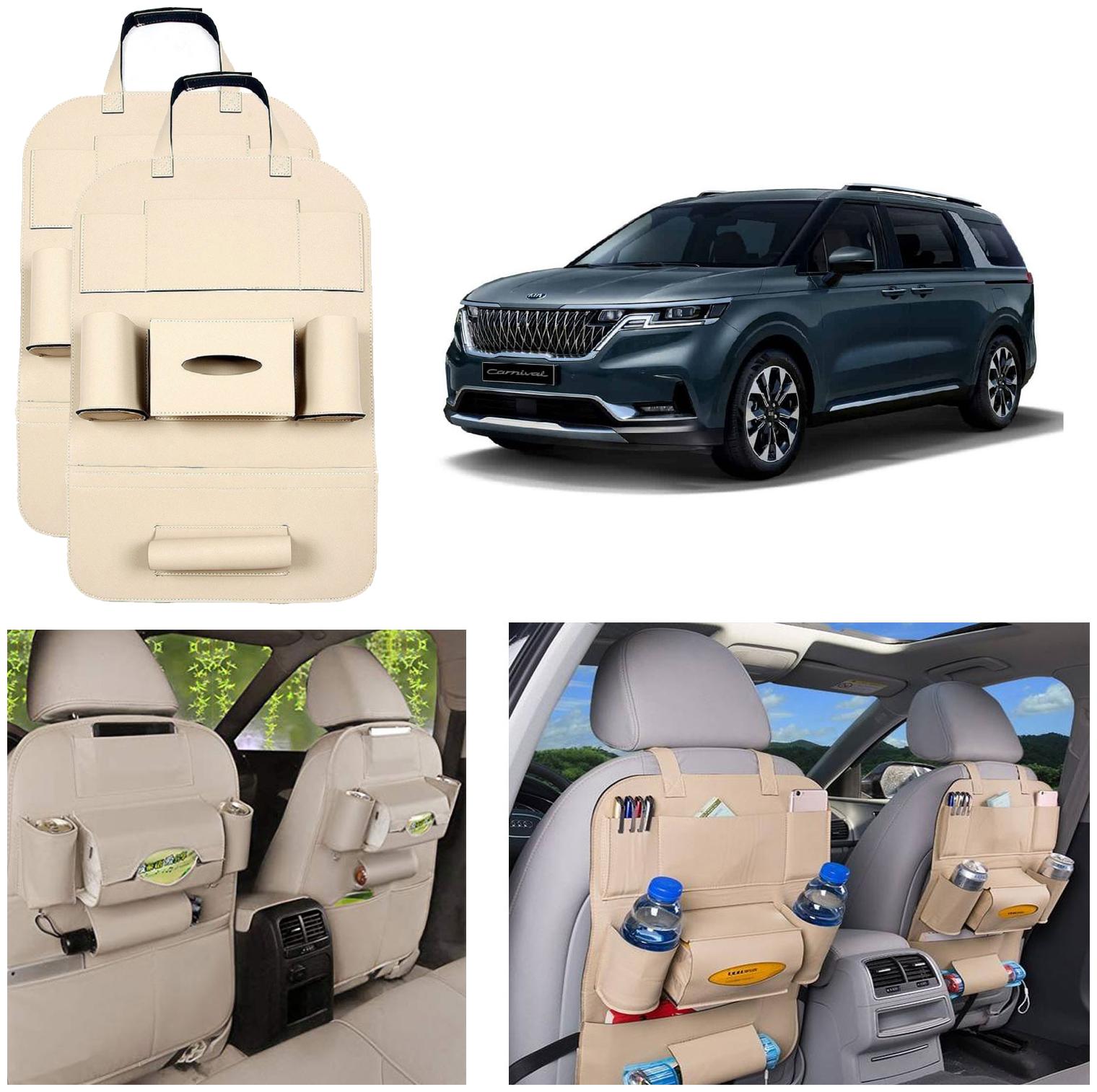 

Oshotto Car Backseat Storage Organizer Phone Holder MultiPocket for Bottles Tissue Boxes Kids Toy Storage and Great Travel Accessory Compatible with Kia Carnival (Set of 2) Beige