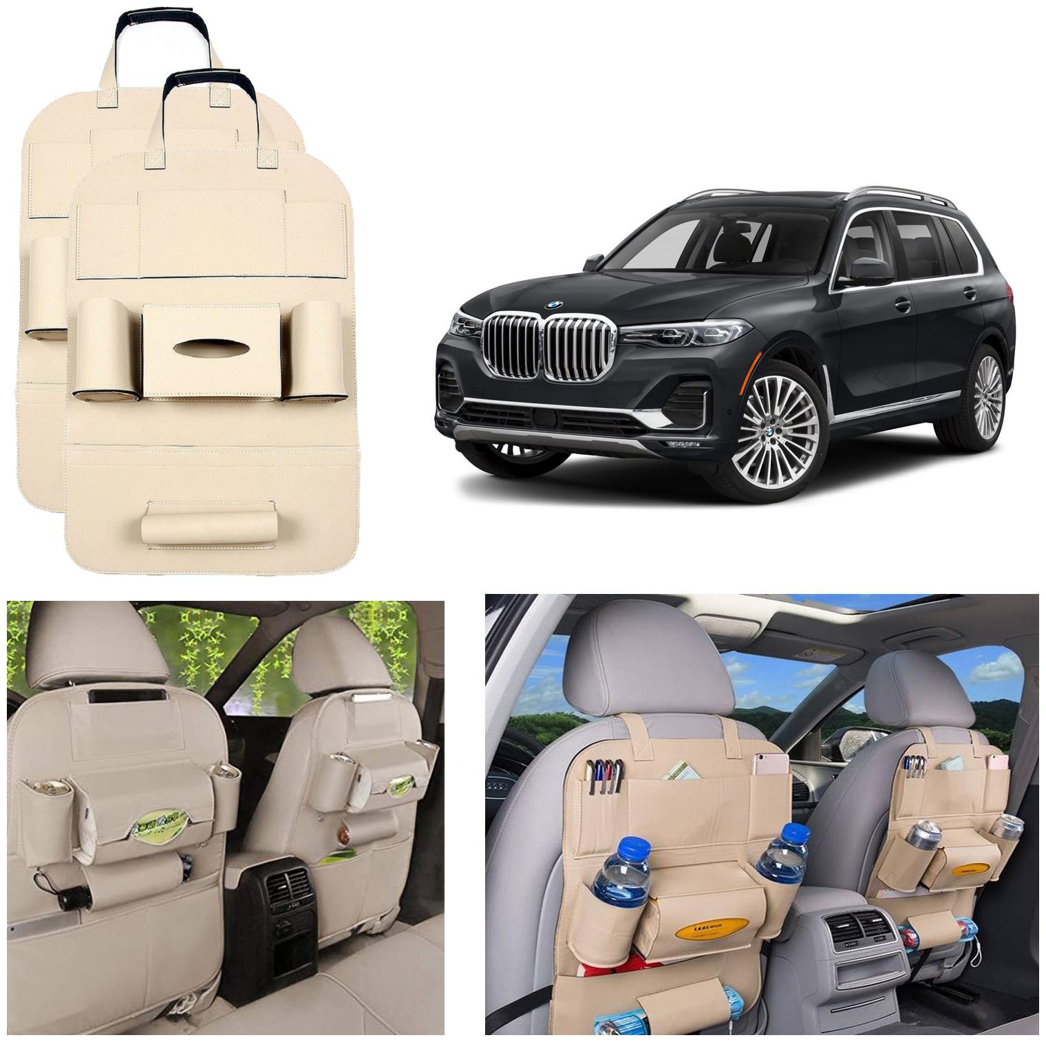 

Oshotto Car Backseat Storage Organizer Phone Holder MultiPocket for Bottles Tissue Boxes Kids Toy Storage and Great Travel Accessory Compatible with BMW X7 (Set of 2) Beige