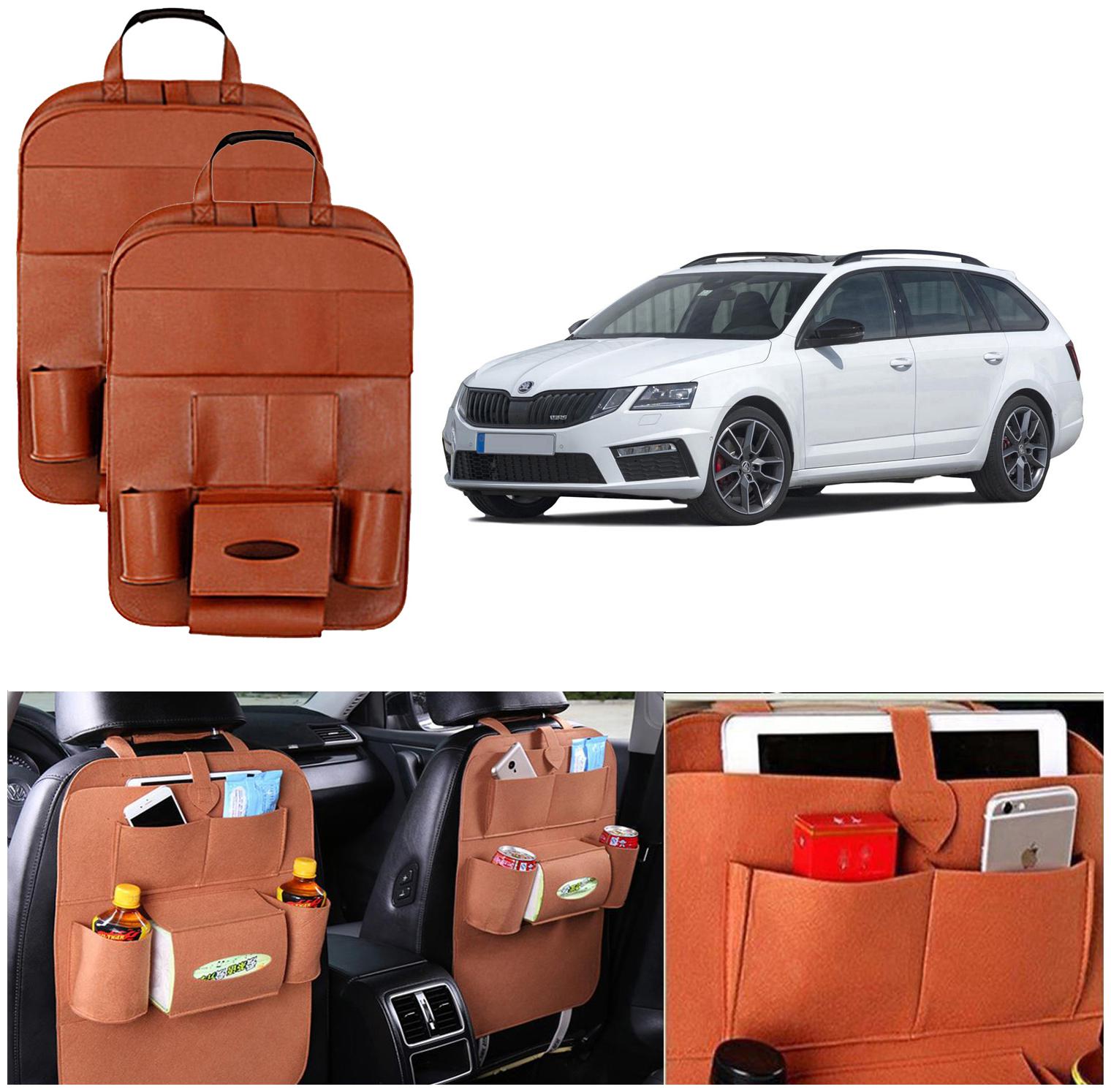 

Oshotto Car Backseat Storage Organizer Multi-Pocket for Bottles Tissue Boxes Kids Toy Storage and Great Travel Accessory Compatible with Skoda Octavia (Set of 2) - Tan