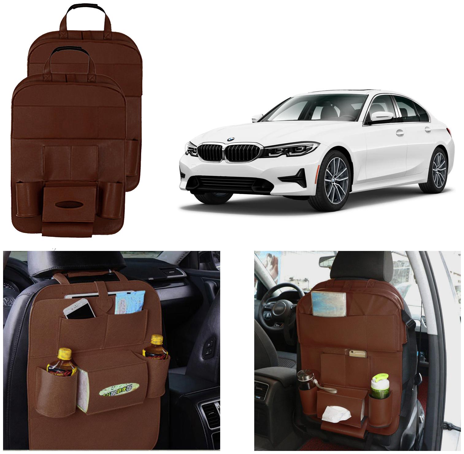 

Oshotto Car Backseat Storage Organizer Phone Holder Multi-Pocket for Bottles Tissue Boxes Kids Toy Storage and Great Travel Accessory Compatible with BMW 3 Series 2020 (Set of 2) - Brown