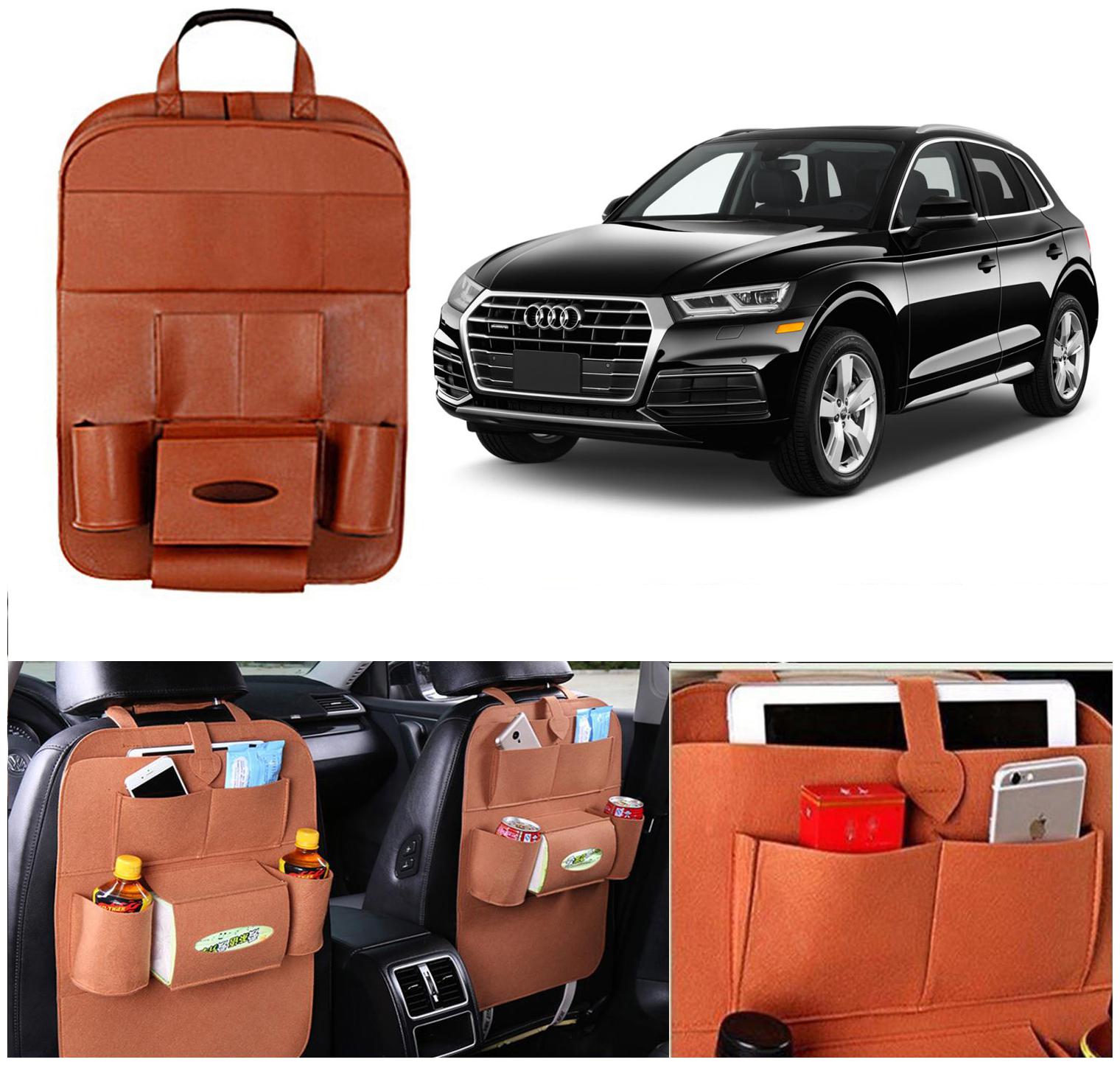 

Oshotto Car Backseat Storage Organizer Phone Holder Multi-Pocket for Bottles Tissue Boxes Kids Toy Storage and Great Travel Accessory Compatible with Audi Q5 (Tan)