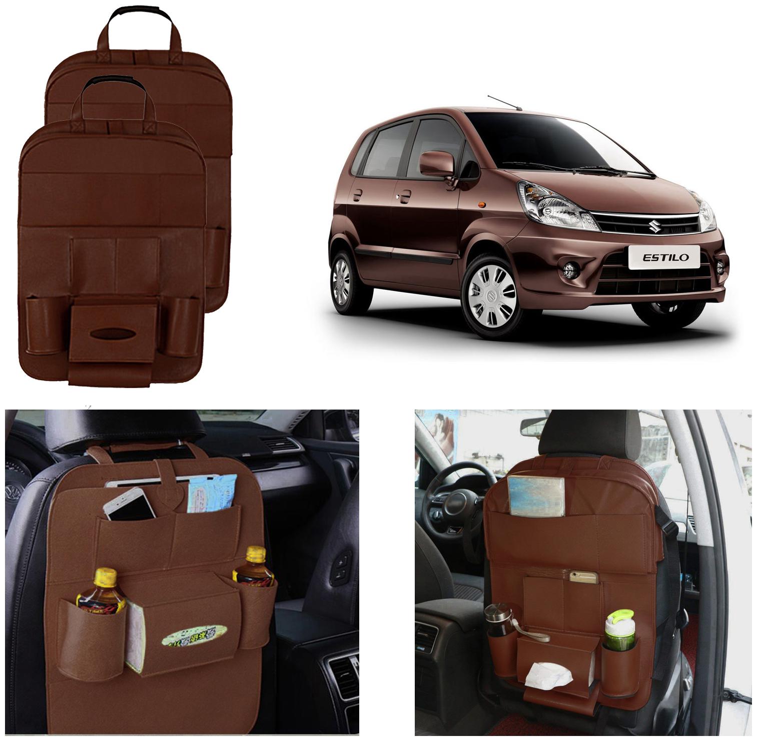 

Oshotto Car Backseat Storage Organizer Phone Holder Multi-Pocket for Bottles Tissue Boxes Kids Toy Storage and Great Travel Accessory Compatible with Maruti Suzuki Zen Estilo (Set of 2) - Brown