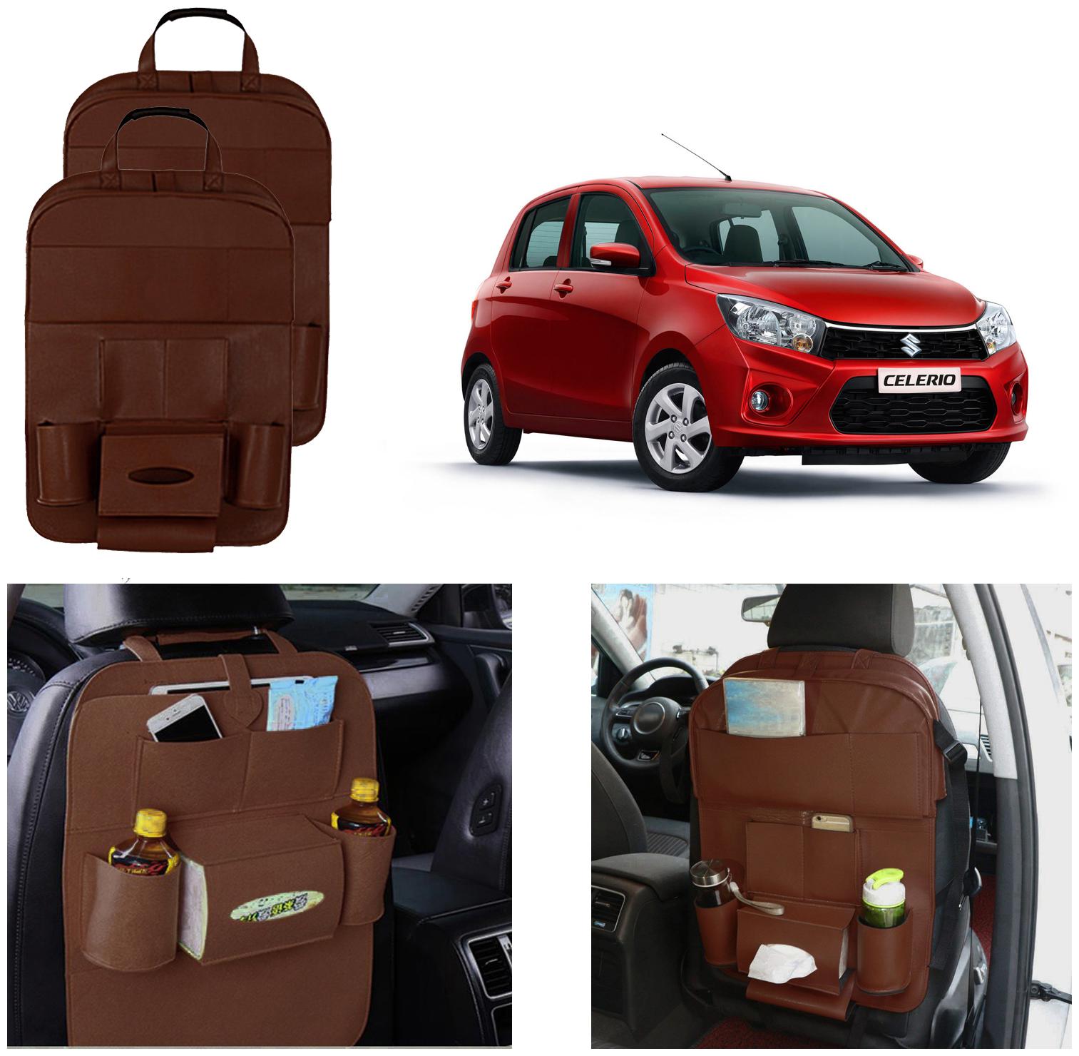 

Oshotto Car Backseat Storage Organizer Multi-Pocket for Bottles Tissue Boxes Kids Toy Storage and Great Travel Accessory Compatible with Maruti Suzuki Celerio Celerio X (Set of 2) - Brown