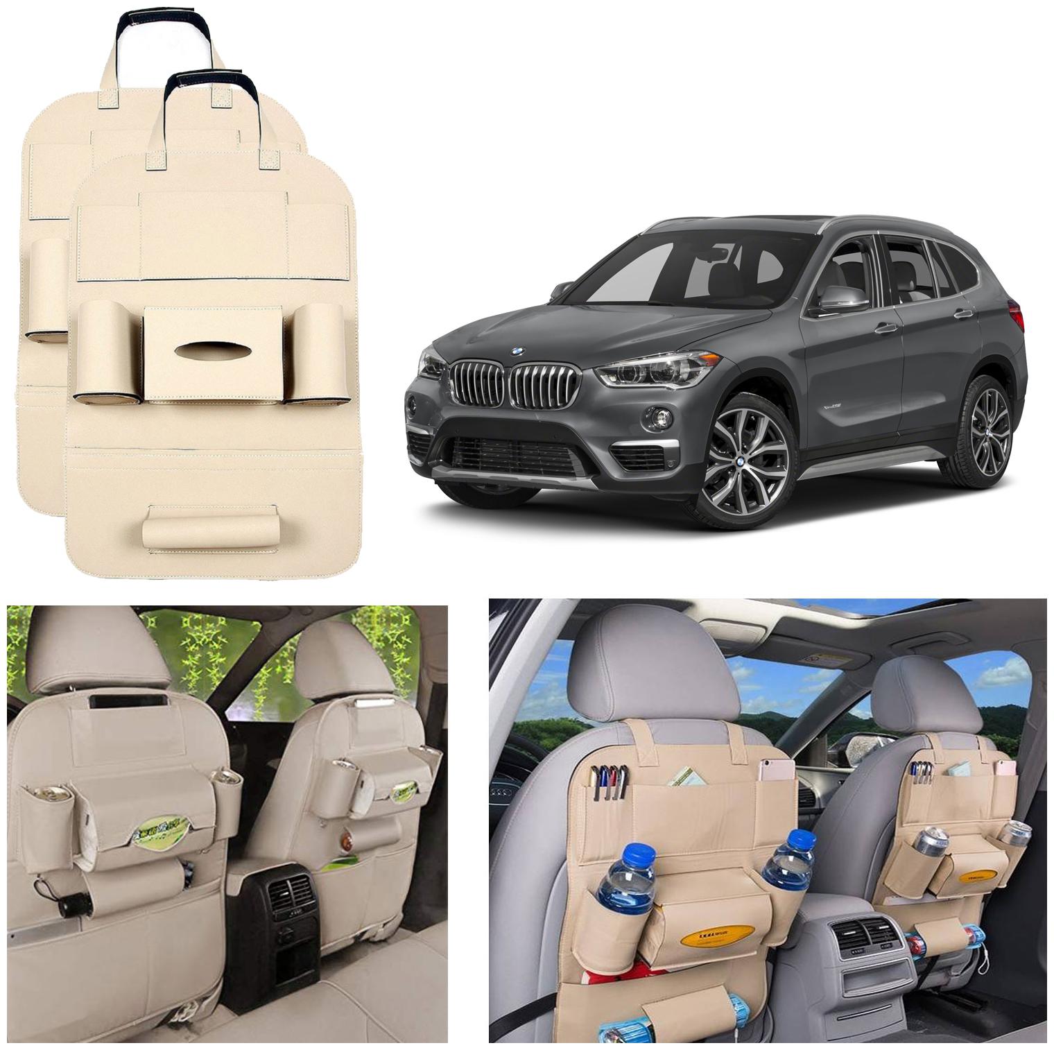 

Oshotto Car Backseat Storage Organizer Phone Holder MultiPocket for Bottles Tissue Boxes Kids Toy Storage and Great Travel Accessory Compatible with BMW X1 (Set of 2) Beige