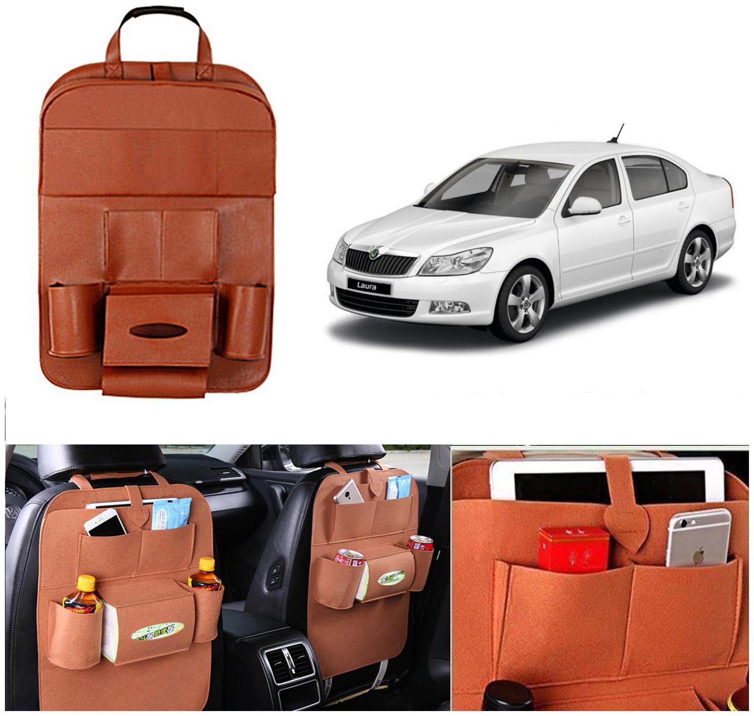 

Oshotto Car Backseat Storage Organizer Phone Holder Multi-Pocket for Bottles Tissue Boxes Kids Toy Storage and Great Travel Accessory Compatible with Skoda Laura (Tan)