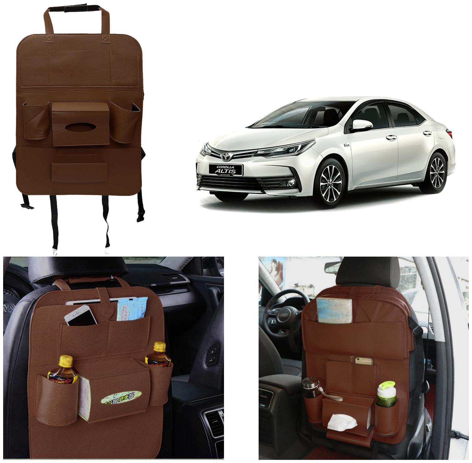 

Oshotto Car Backseat Storage Organizer Phone Holder Multi-Pocket for Bottles Tissue Boxes Kids Toy Storage and Great Travel Accessory Compatible with Toyota Corolla Altis (Brown)