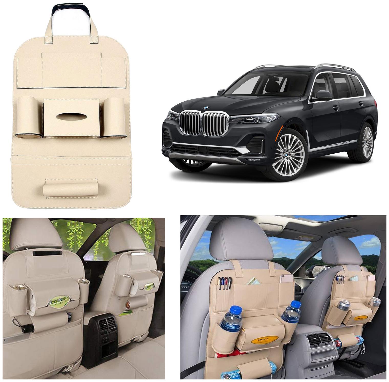 

Oshotto Car Backseat Storage Organizer Phone Holder Multi-Pocket for Bottles Tissue Boxes Kids Toy Storage and Great Travel Accessory Compatible with BMW X7 (Beige)