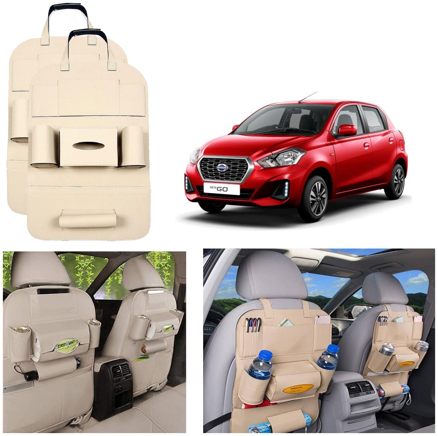 

Oshotto Car Backseat Storage Organizer Phone Holder MultiPocket for Bottles Tissue Boxes Kids Toy Storage and Great Travel Accessory Compatible with Datsun GO Redi Go (Set of 2) Beige