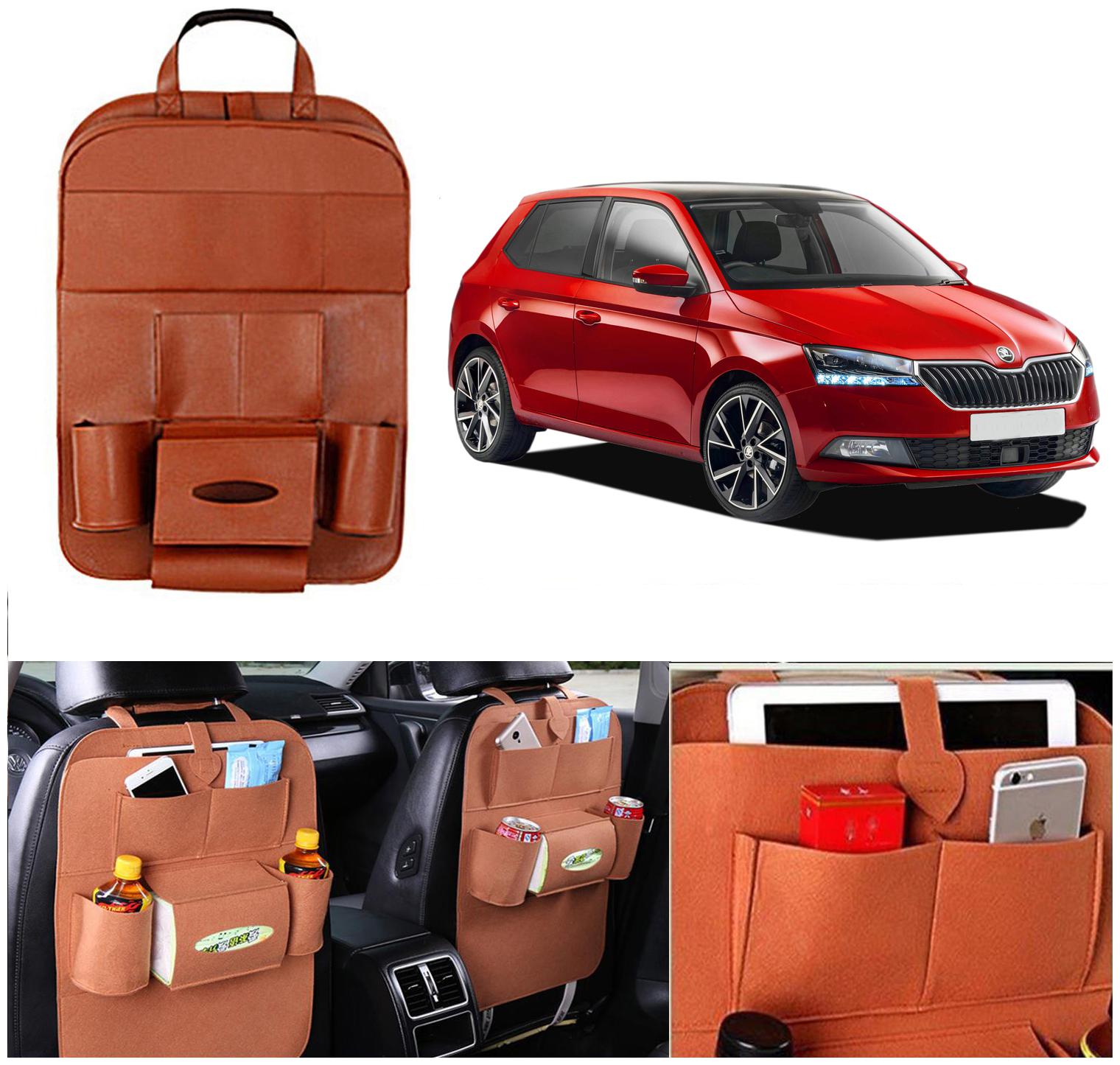 

Oshotto Car Backseat Storage Organizer Phone Holder Multi-Pocket for Bottles Tissue Boxes Kids Toy Storage and Great Travel Accessory Compatible with Skoda Fabia (Tan)