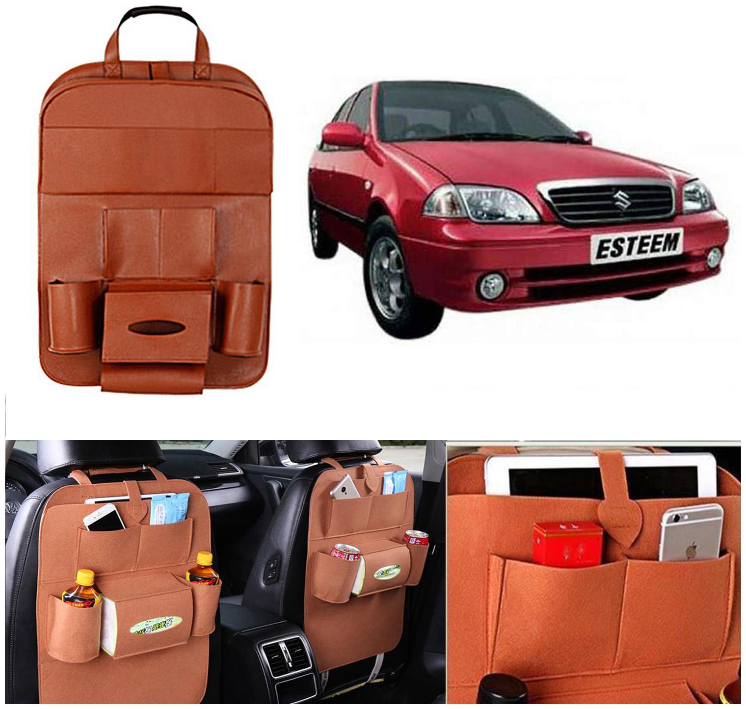 

Oshotto Car Backseat Storage Organizer Phone Holder Multi-Pocket for Bottles Tissue Boxes Kids Toy Storage and Great Travel Accessory Compatible with Maruti Suzuki Esteem (Tan)