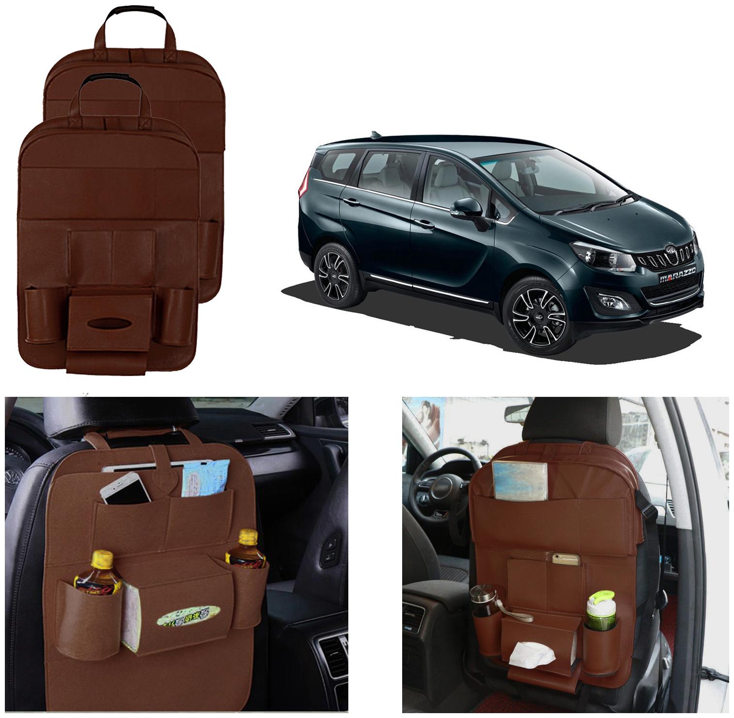 

Oshotto Car Backseat Storage Organizer Phone Holder Multi-Pocket for Bottles Tissue Boxes Kids Toy Storage and Great Travel Accessory Compatible with Mahindra Marazzo (Set of 2) - Brown