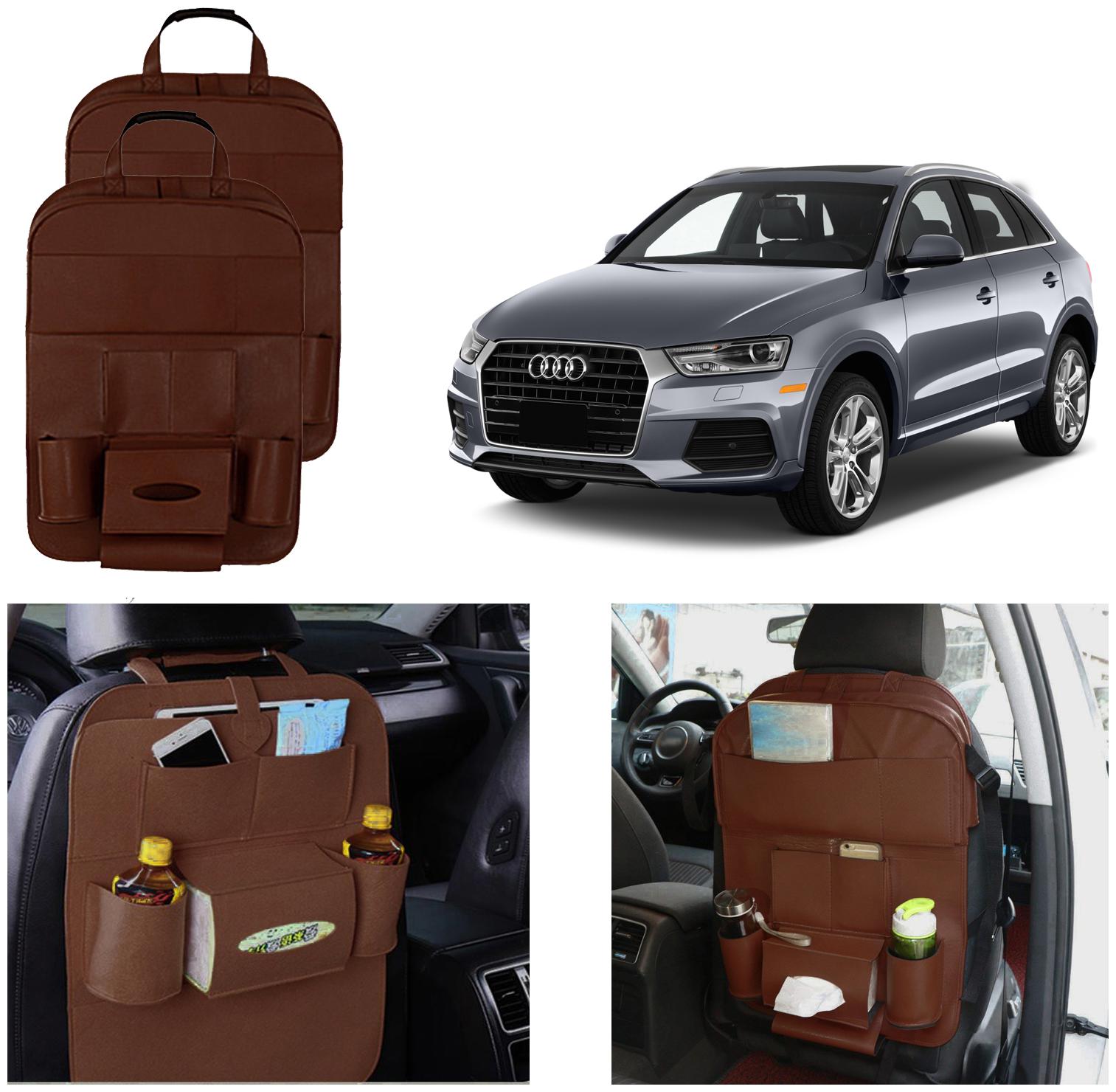 

Oshotto Car Backseat Storage Organizer Phone Holder Multi-Pocket for Bottles Tissue Boxes Kids Toy Storage and Great Travel Accessory Compatible with Audi Q3 (Set of 2) - Brown