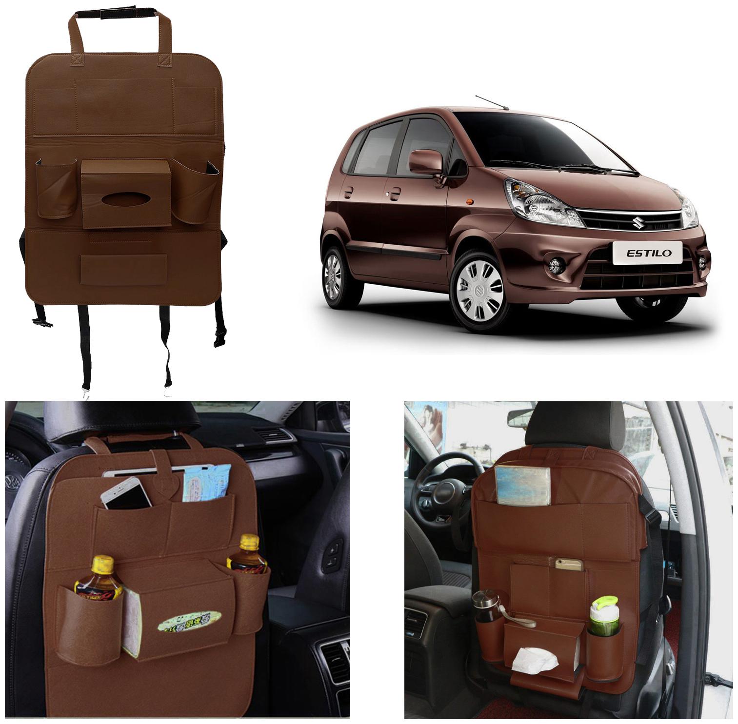 

Oshotto Car Backseat Storage Organizer Phone Holder Multi-Pocket for Bottles Tissue Boxes Kids Toy Storage and Great Travel Accessory Compatible with Maruti Suzuki Zen Estilo (Brown)