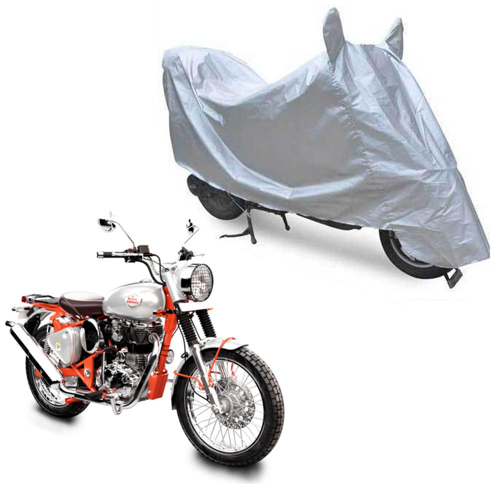 

Oshotto Dust Proof Water Resistant Double Mirror Pocket Silvertech Bike Body Cover for Royal Enfield Bullet Trials 350 (Silver)