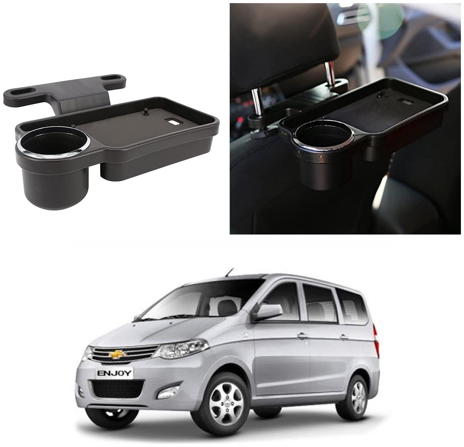

Oshotto Foldable Car Auto Headrest Rear Back Seat Table Drink Food Cup Tray Holder Compatible with Chevrolet Enjoy - Black