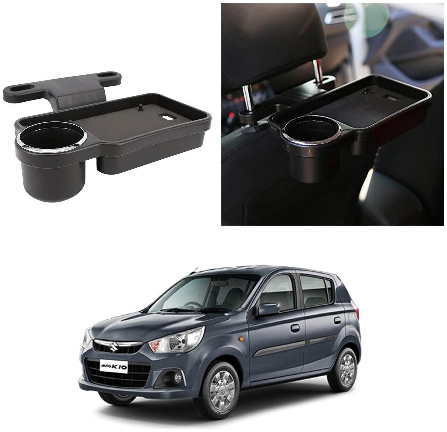 

Oshotto Foldable Car Auto Headrest Rear Back Seat Table Drink Food Cup Tray Holder Compatible with Maruti Suzuki Alto K10 - Black