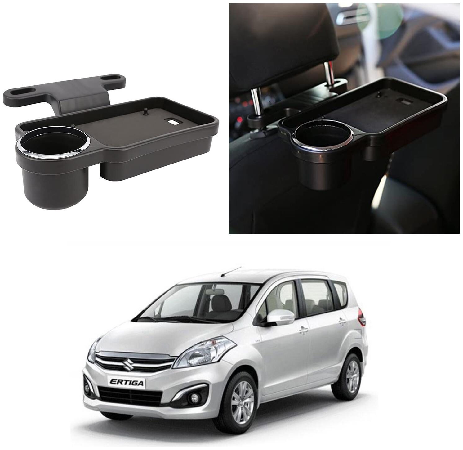 

Oshotto Foldable Car Auto Headrest Rear Back Seat Table Drink Food Cup Tray Holder Compatible with Maruti Suzuki Ertiga 2018 - Black