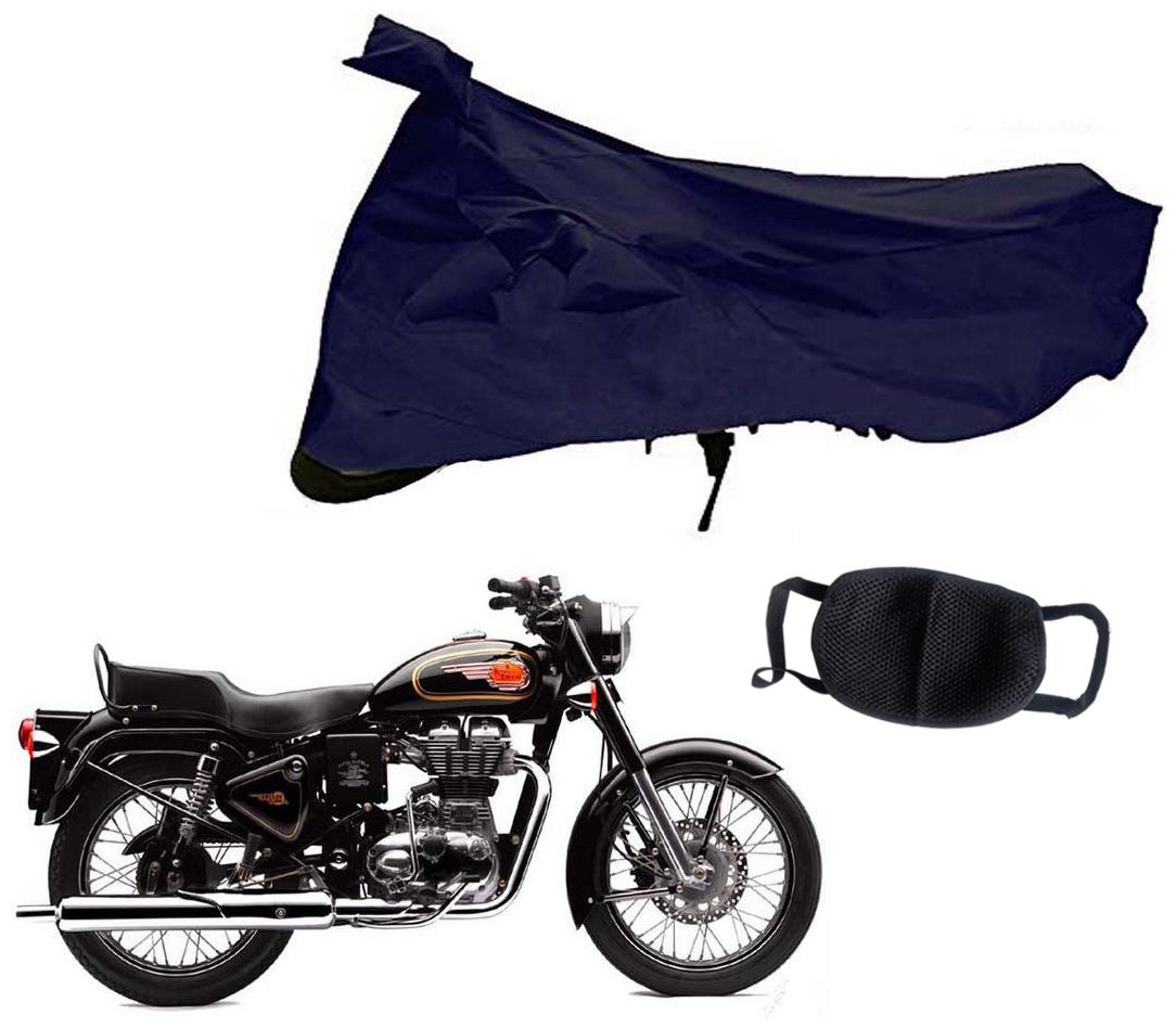 

Riderscart Blue T 190 Two Wheeler Bike Cover With Unisex Cotton Anti Pollution Mask For Royal Enfield Bullet 500