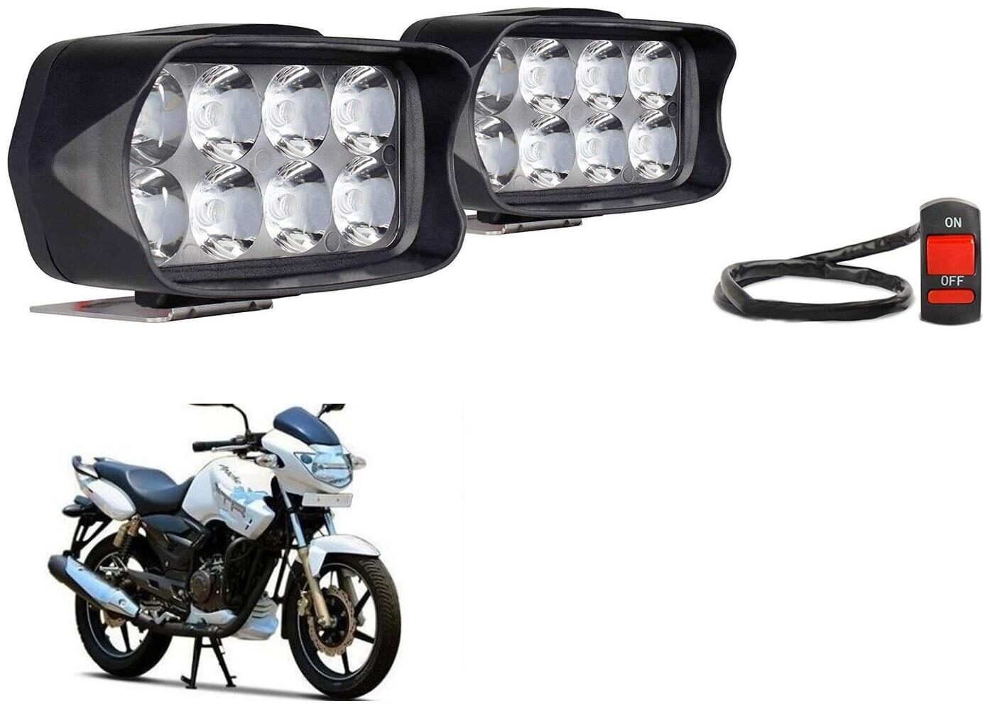 

SHOP4U Shillon 8 LED Fog Light Mirror Mount Driving Spot Lamp with On Off Switch For TVS Apache RTR 180 ( Black Pack of 2 )